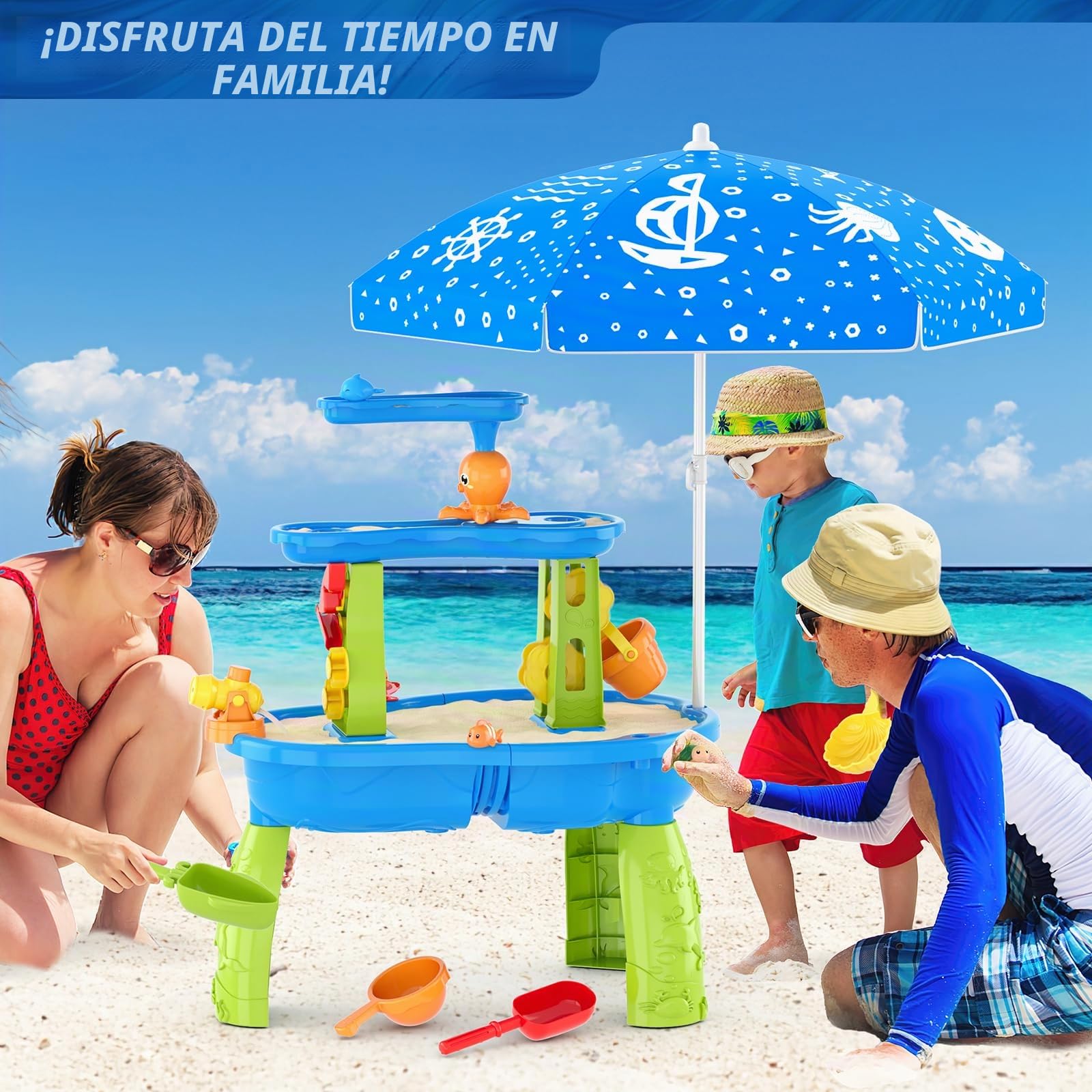 HYES Mesa de Agua para Niños 3 Niveles con Paraguas, Arena, Duchas - Azul