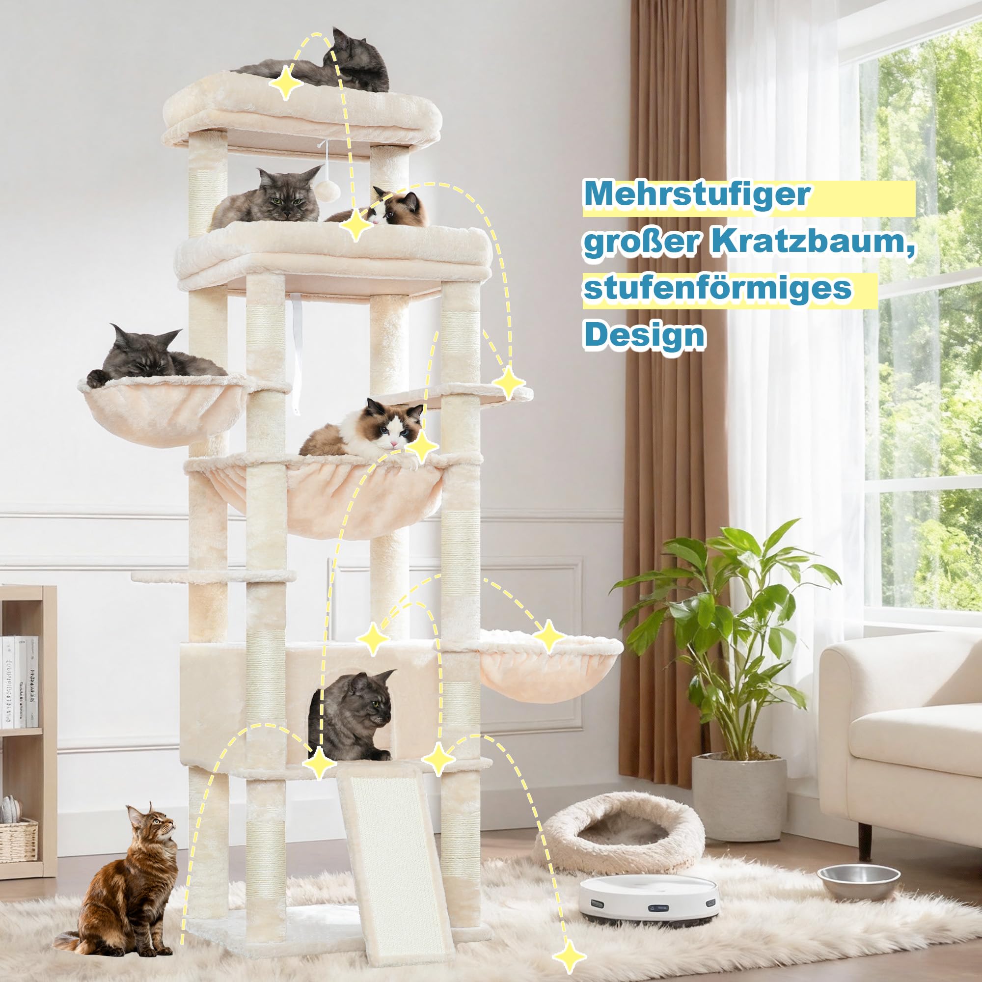 Hey-brother Tiragraffi per Gatti, con Amaca, Cuccia, 2 Piattaforme, MPJ80M | 180cm Albero per Gatti, 2 Ceste, Rampa graffiante, Pompon, Ideale per più gatti da interno, Beige