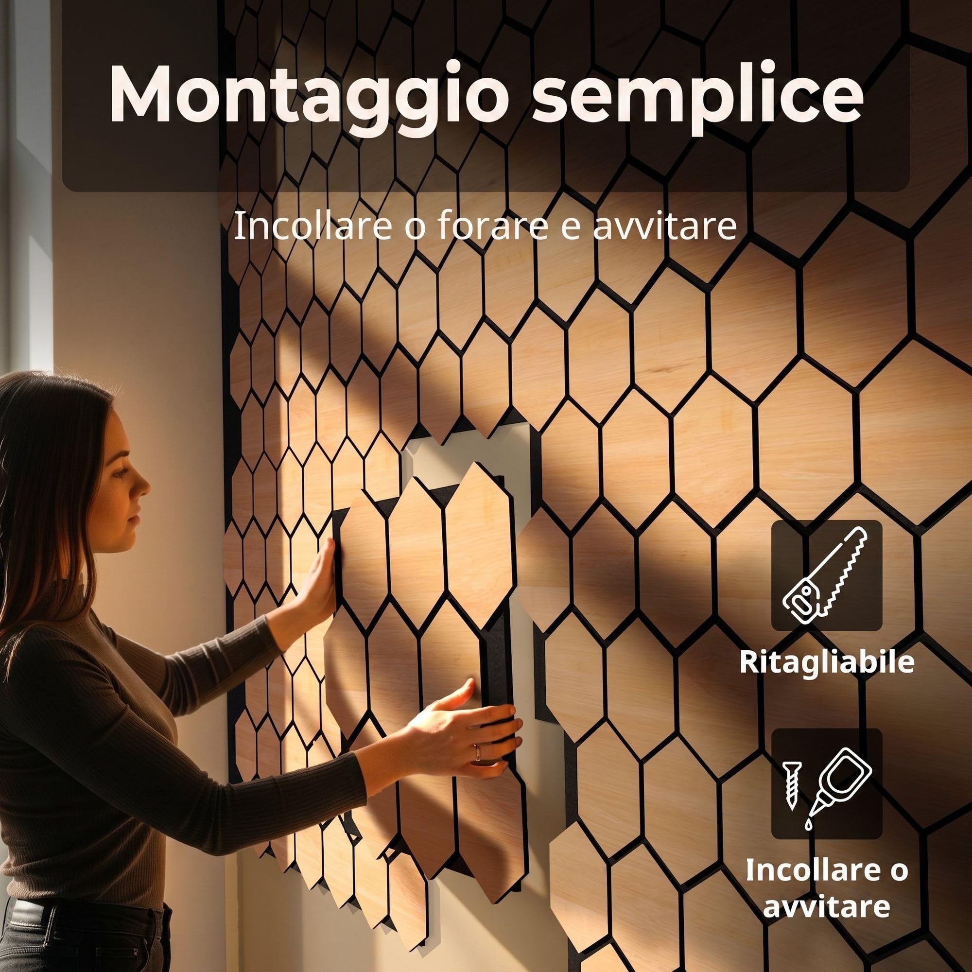 4x Pannelli acustici esagonali 76 x 62cm Rovere chiaro legno