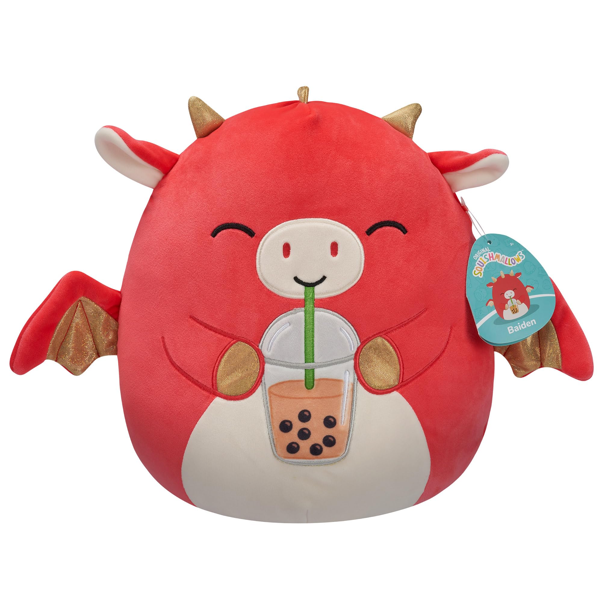 Squishmallows Original 12-Inch Baiden Red Dragon with Boba Drink - Official Jazwares Plush (Medium-Sized)