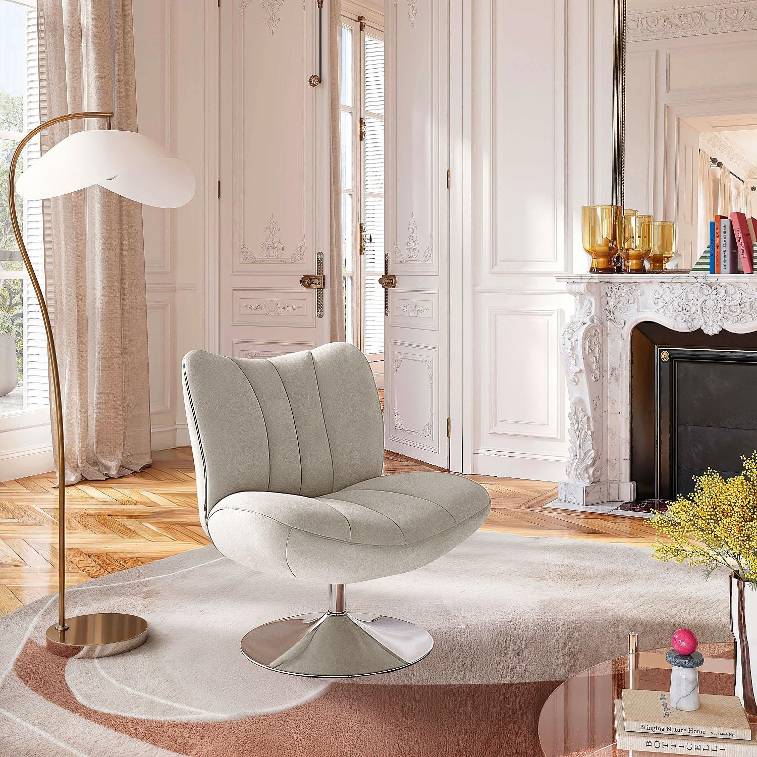 Habitat - Fauteuil pivotant matelassé en Tissu et métal chromé - Crème Andrew