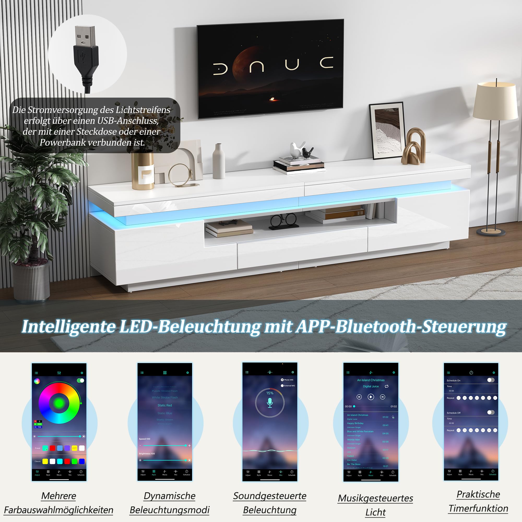 Meuble TV à Haute luminosité avec LED Portes tiroir Panneau Bas pour TV Jusqu’à 75 Pouces Meubles de Base avec Espace de Rangement Semi-Ouvert pour Le Salon Table d’Armoire TV Blanc