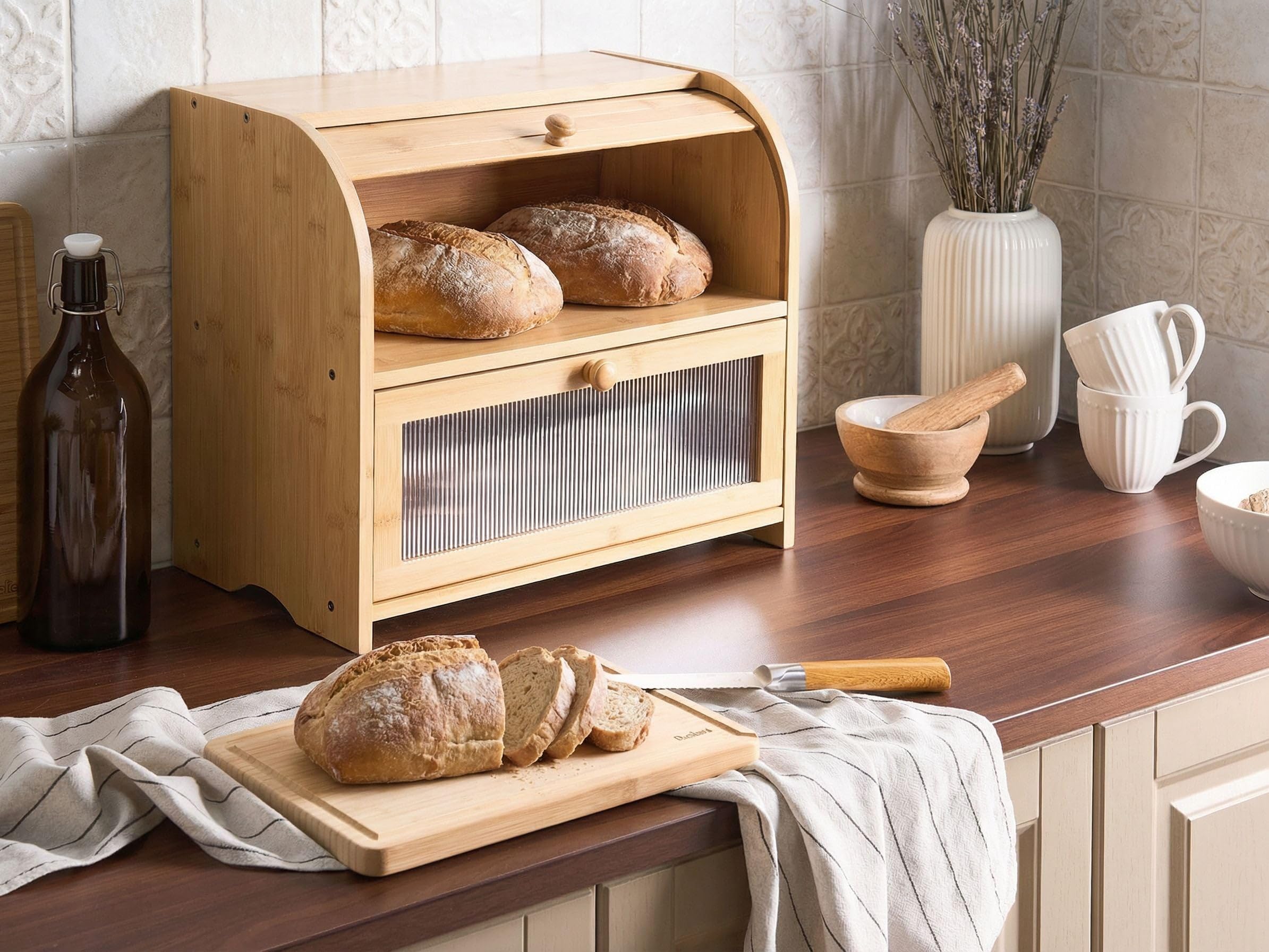 Beliani Brotkasten Bambus hellbraun zweistöckig mit Rollklappe Sichtfenster & Griffen 42 x 25 x 37 cm modern Levain