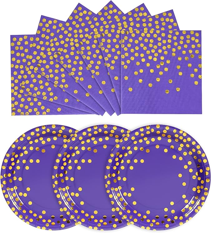 CENLBJ Purple and Gold Paper Plates 100 Pack 50 x 7 Paper Plates & 50