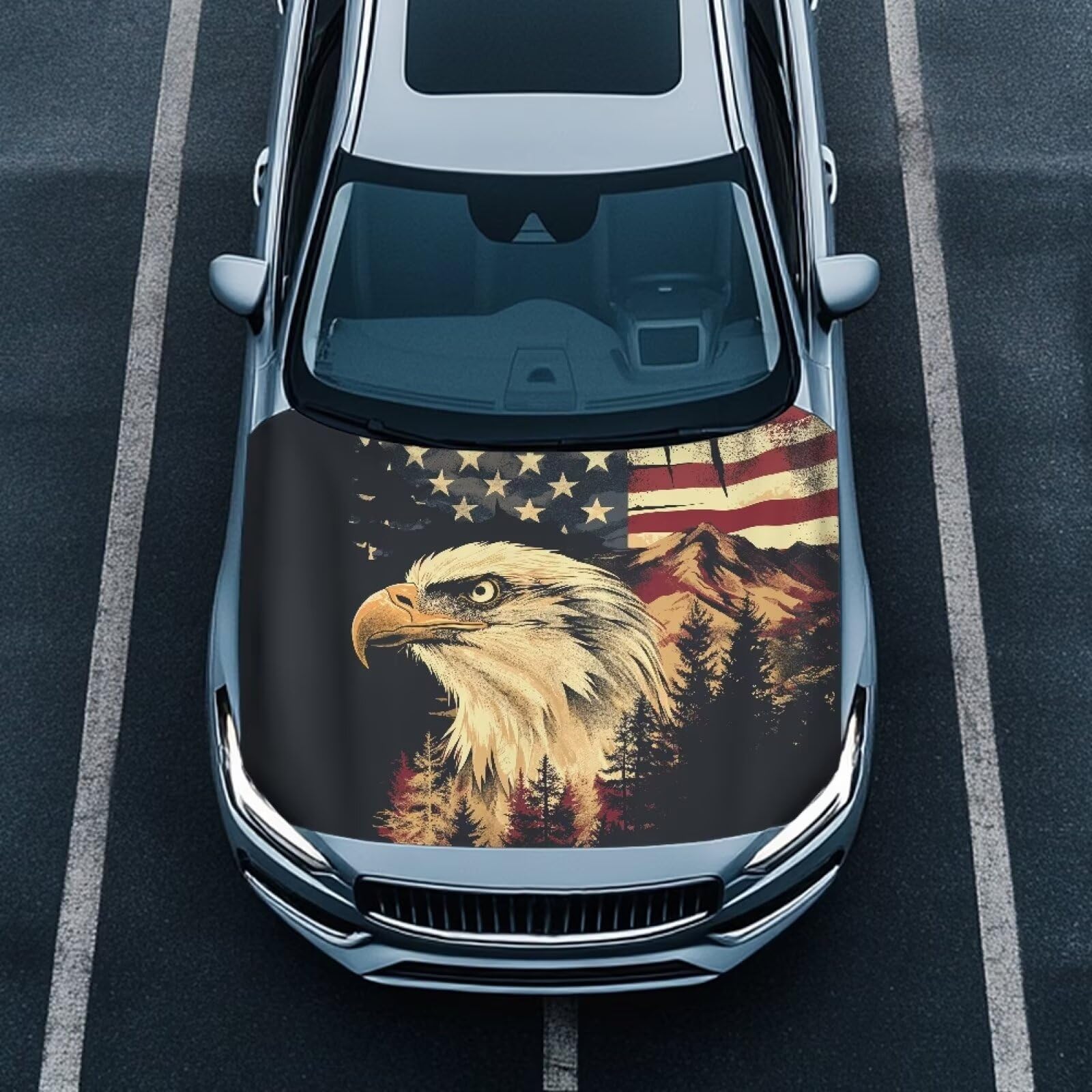 American Flag Eagle Car Hood Cover Protector Vehicles Hood Wrap Blankets Auto Outdoor Patriotic Decorations Stretchable Automotive Exterior Accessories for Most Sedans Trucks Pickup SUV