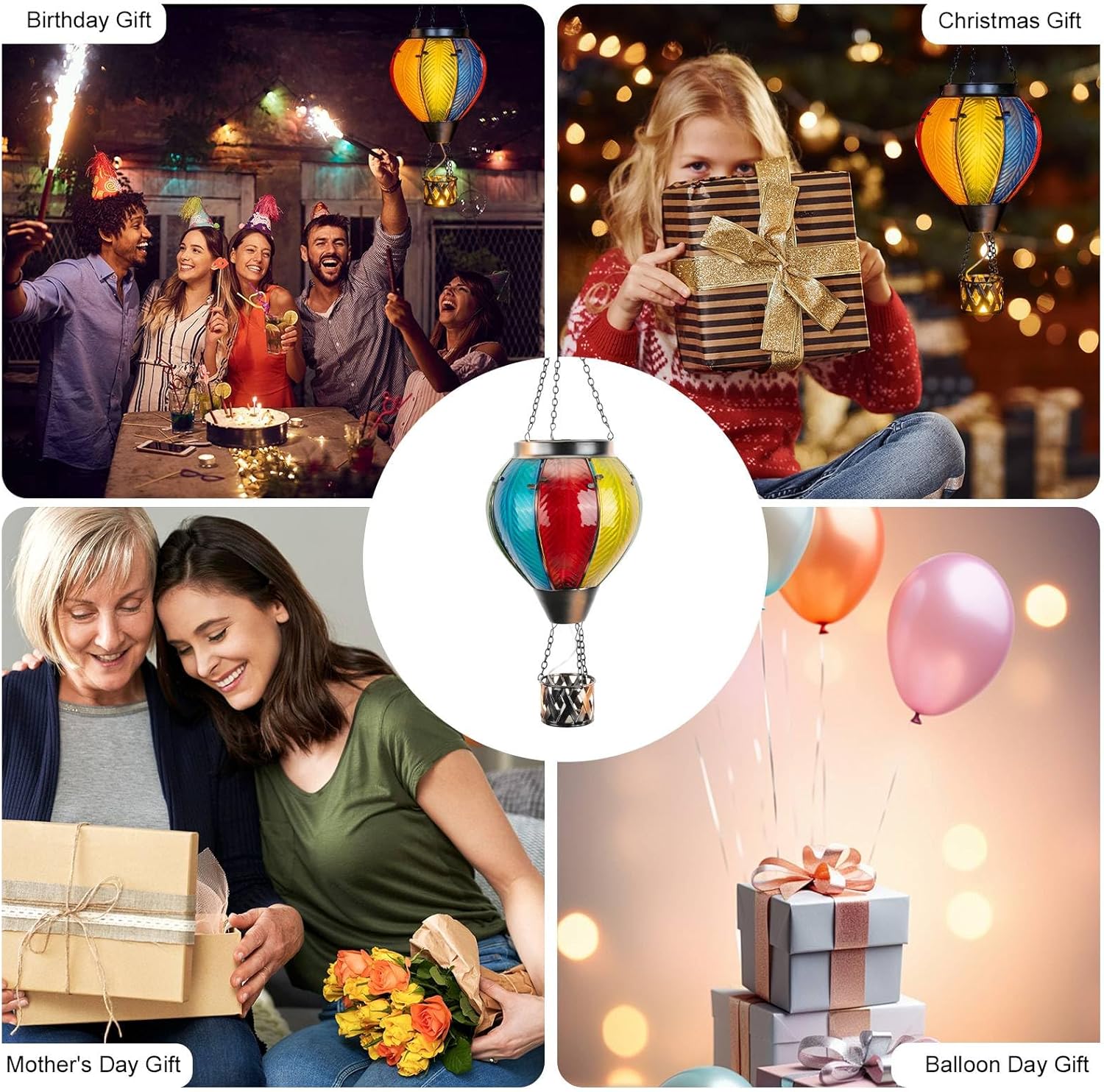 Larekook Solar Hot Air Balloon Lantern with Flickering Flame Light,Glass Hanging Garden Decor Hot Air Balloon Solar Lantern Outdoor Waterproof for Yard Patio Porch Lawn(Rainbow)