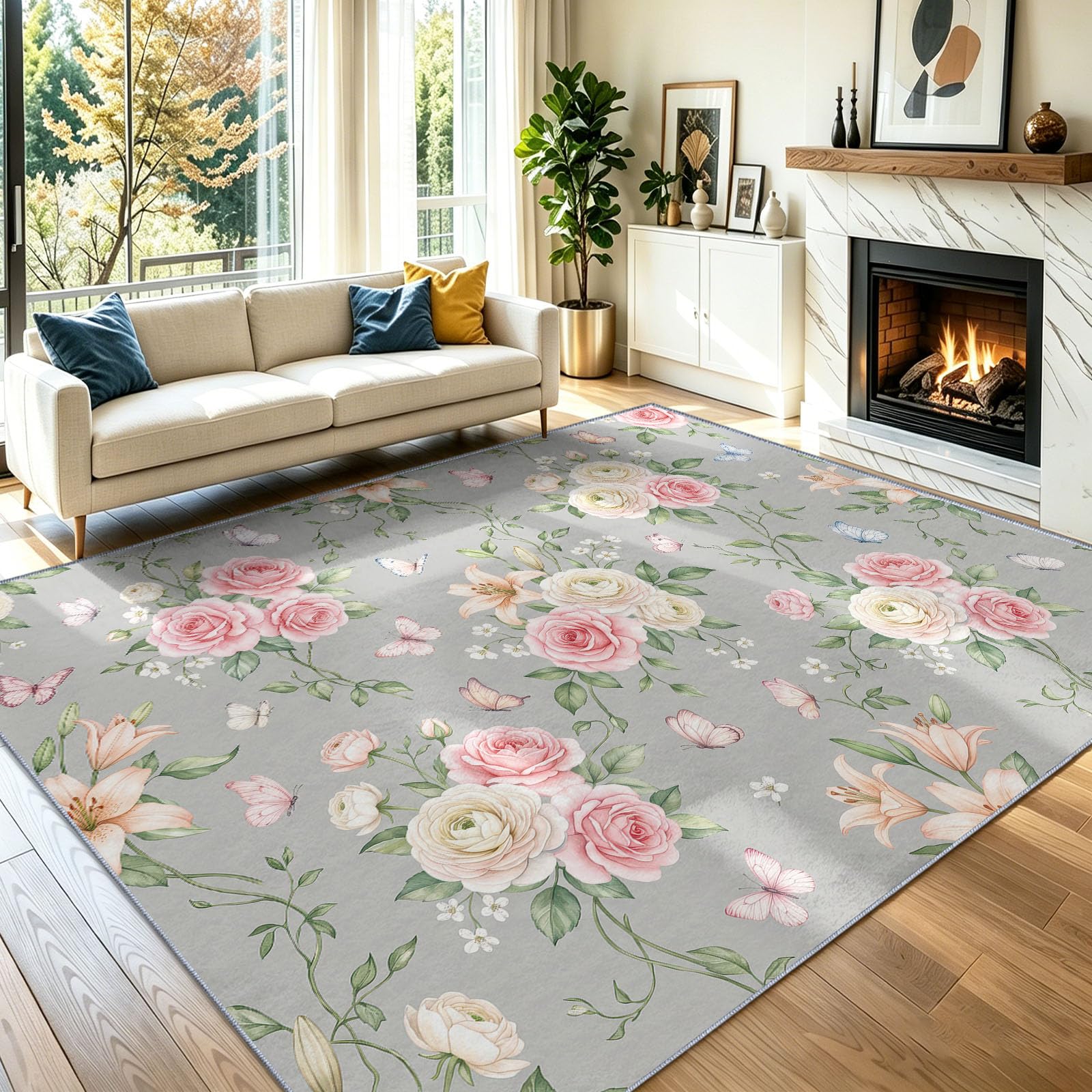 Natur Kurzflor Teppich | 80 x 150 cm Floral Schmetterlinge Blätter Maschinenwäsche Pflegeleicht strapazierfähig， für Kinderzimmer, Schlafzimmer Wohnzimmer