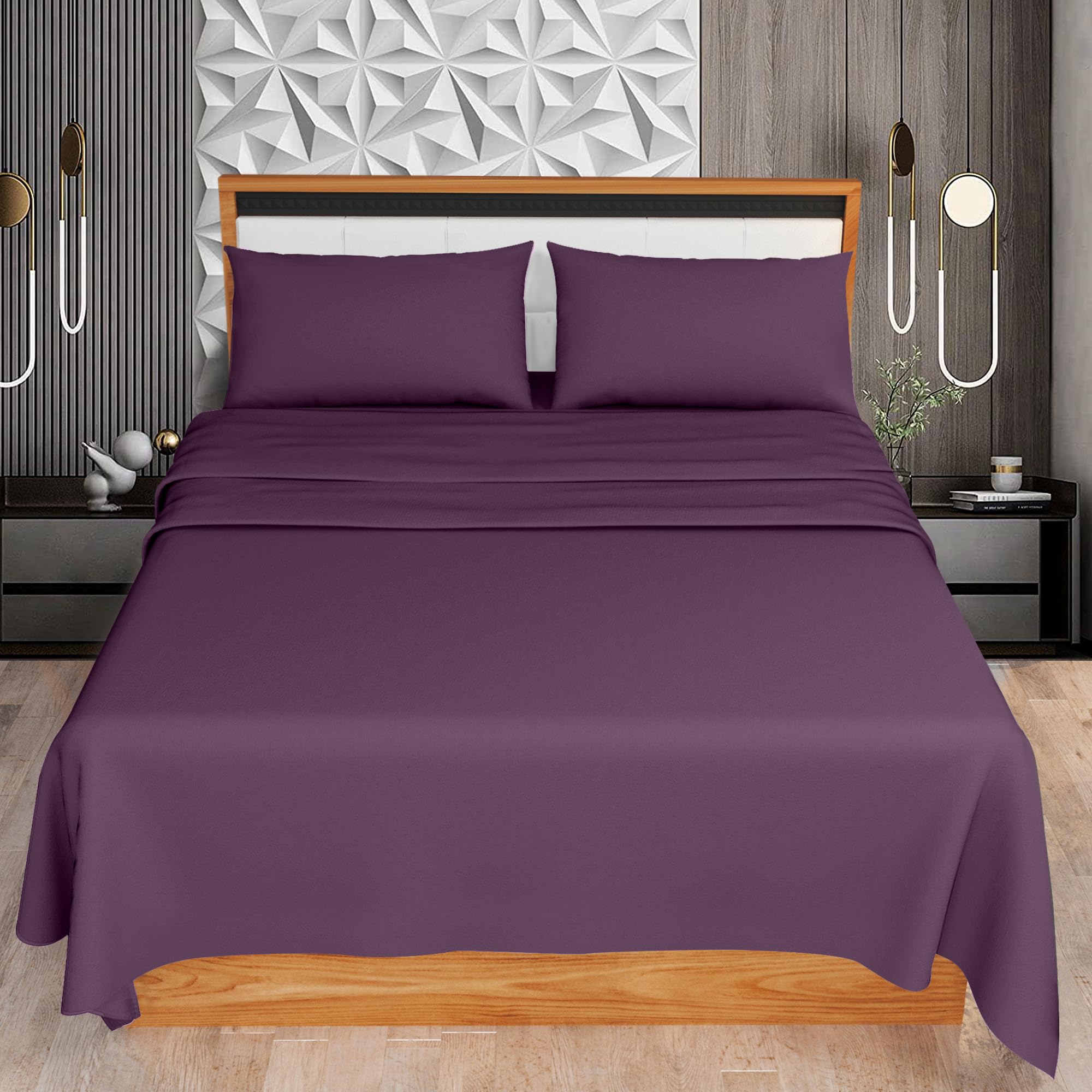 HOME ACE Plum Super King Size Sheet Set (Fitted Sheet + Flat Sheet + Pillow Case) - Easy Iron Polycotton Super Kingsize Bed Sheet Set - 100% Poly Cotton Sheets Set Superking Size Bed