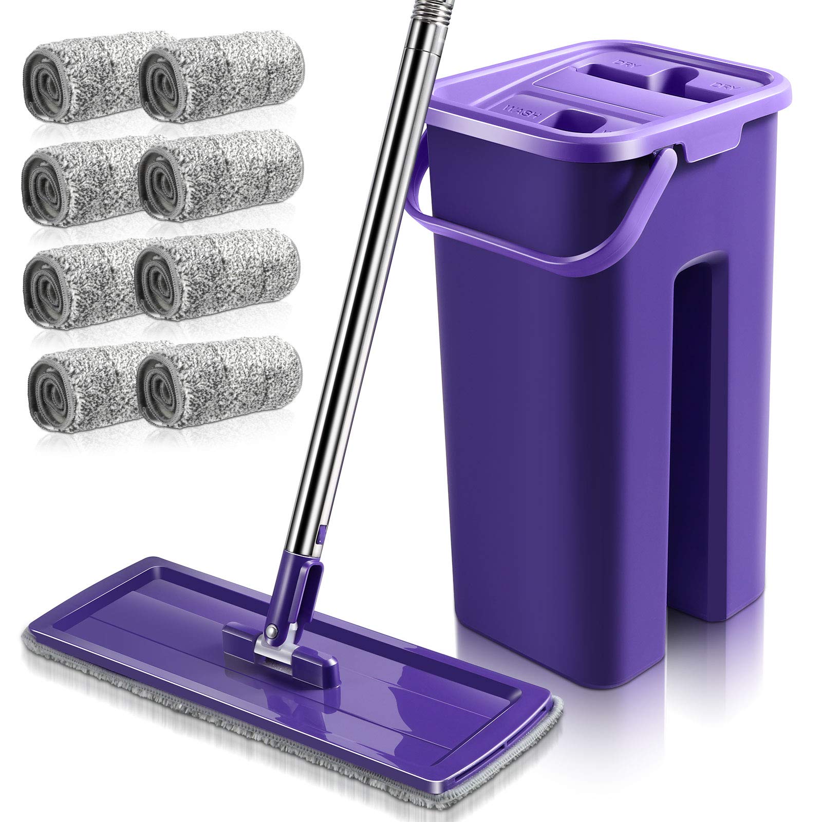 Buy Flat Mop Bucket Set, HandsFree Squeeze Floor Cleaning Mop with 8 Microfiber Mop Pads for