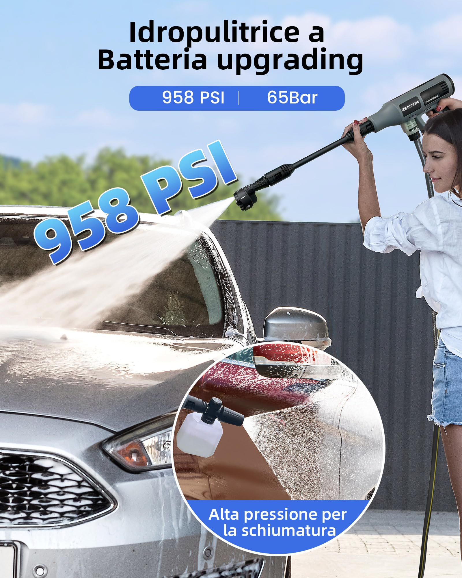 Idropulitrice a Batteria 65Bar, Pistola Pulitore ad Alta Pressione Portatile Jet Mobile Nozzle Regolabile 6-in-1 per Lavaggio Auto Giardino Prato e Irrigazione Piante Pressure Washer(2X 3Ah Batteria)