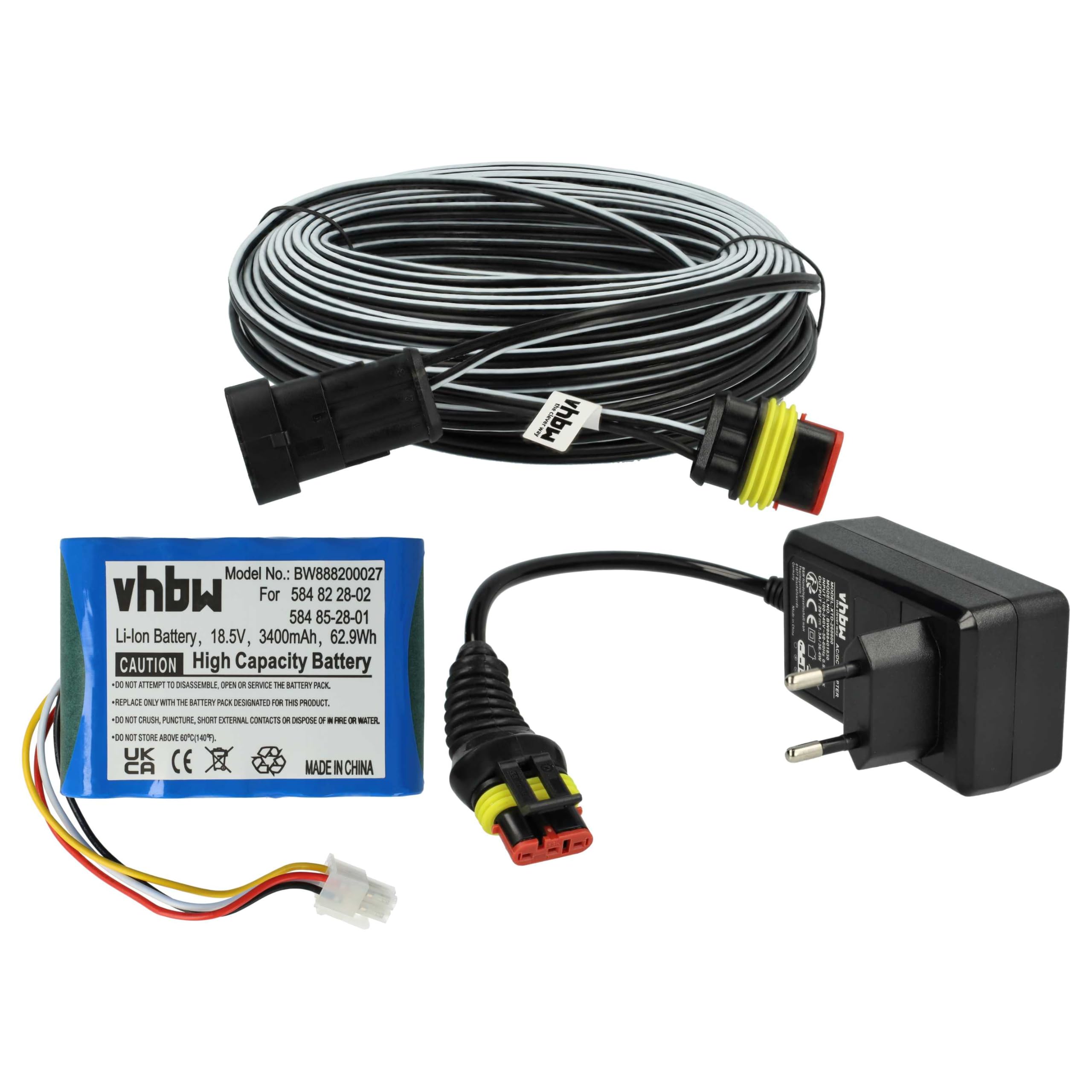 vhbw 1x Fuente alimentación, 1x bateria 3400 mAh, 1x Cable Baja tensión de 30 m reemplaza Husqvarna 584 85 28-01, 584 82 28-02 para cortacésped