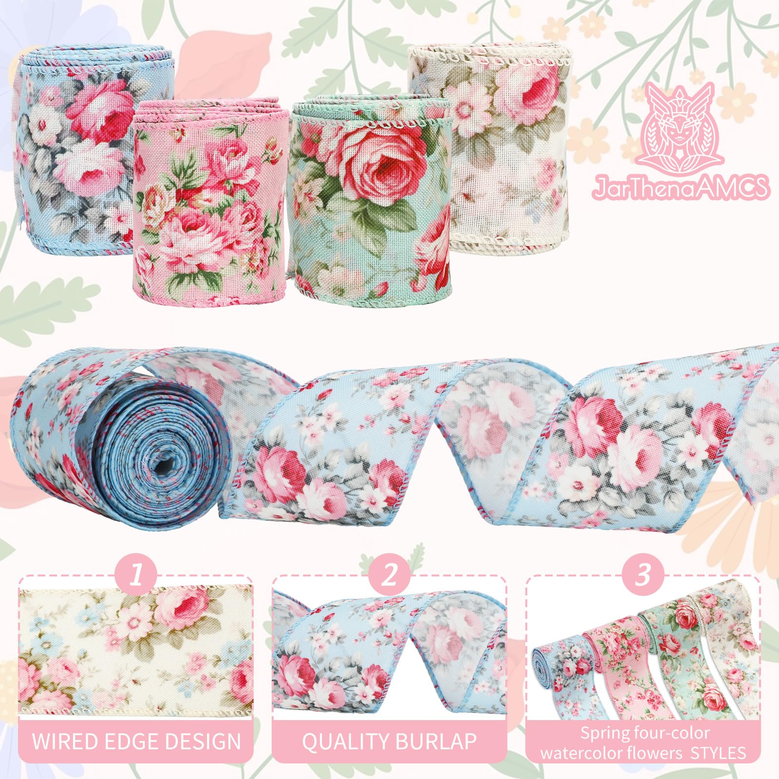 JarThenaAMCS Frühlingsblumenband mit Drahtrand, Aquarell, Vintage-Blumenband, rosa Rose, dekoratives Stoffband für Kranz, Schleifen, Basteln, Verpacken, 4 Rollen, 22 m