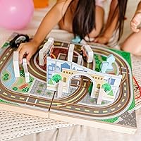 Vista 2 de Melissa & Doug Ciudad de mesa de madera desmontable de 18 piezas, 4 vehículos de rescate, piezas de juego, puente