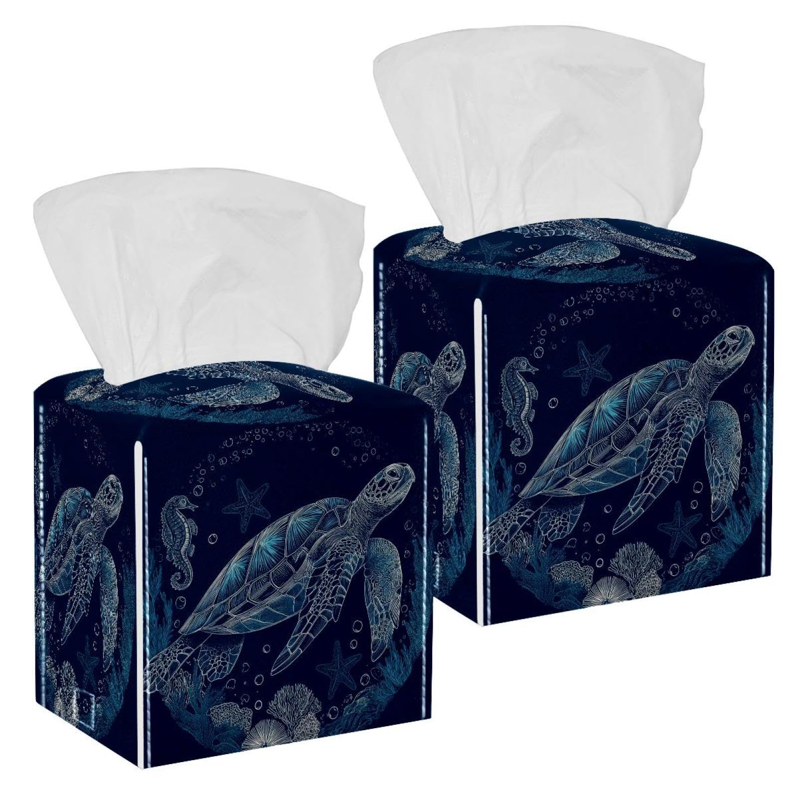 Sea Turtle Tissue Box Cover, 2 Pack PU Leather Square Facial Tissue Dispenser Box holder for Home Office Car