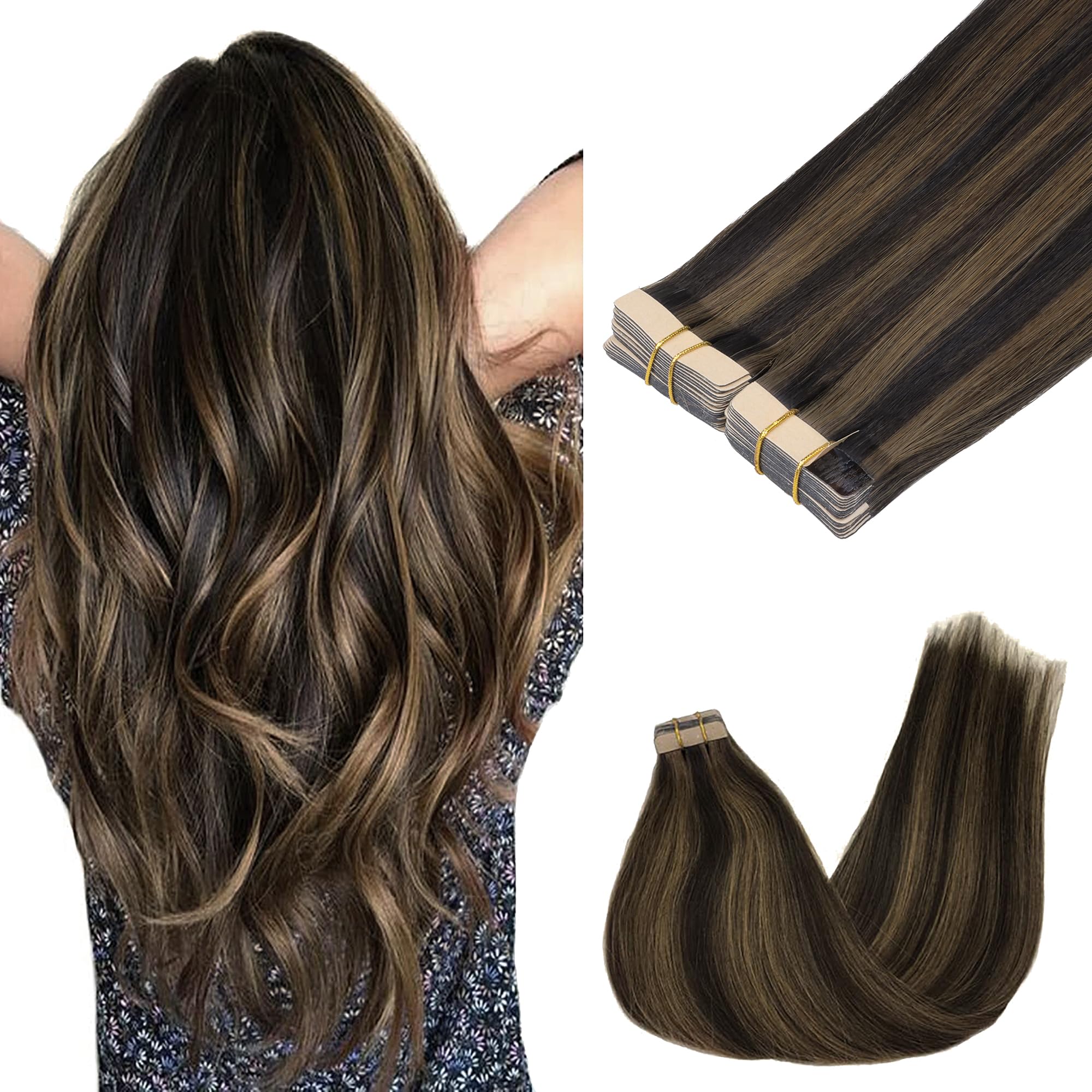 GOO GOO Tape in Hair Extensions Human Hair, 20pcs 50g 16inch, Balayage Chocolate Brown to Strawberry Blonde Real Remy Hair Extensions Seamless Straight Human Hair Extensions — view 62