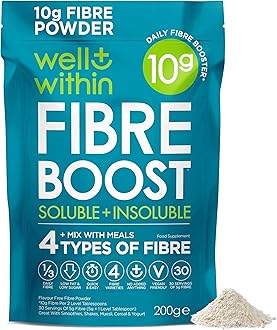 10g Fibre Supplement Prebiotic Powder, 1/3 NHS Daily Intake, 4in1 Insoluble & Soluble Fibre 10,000mg (200g Bag, 30 x 5g Fiber) 4 Types of Fiber. Well Within Gut Health Supplement for Men, Women, Kids