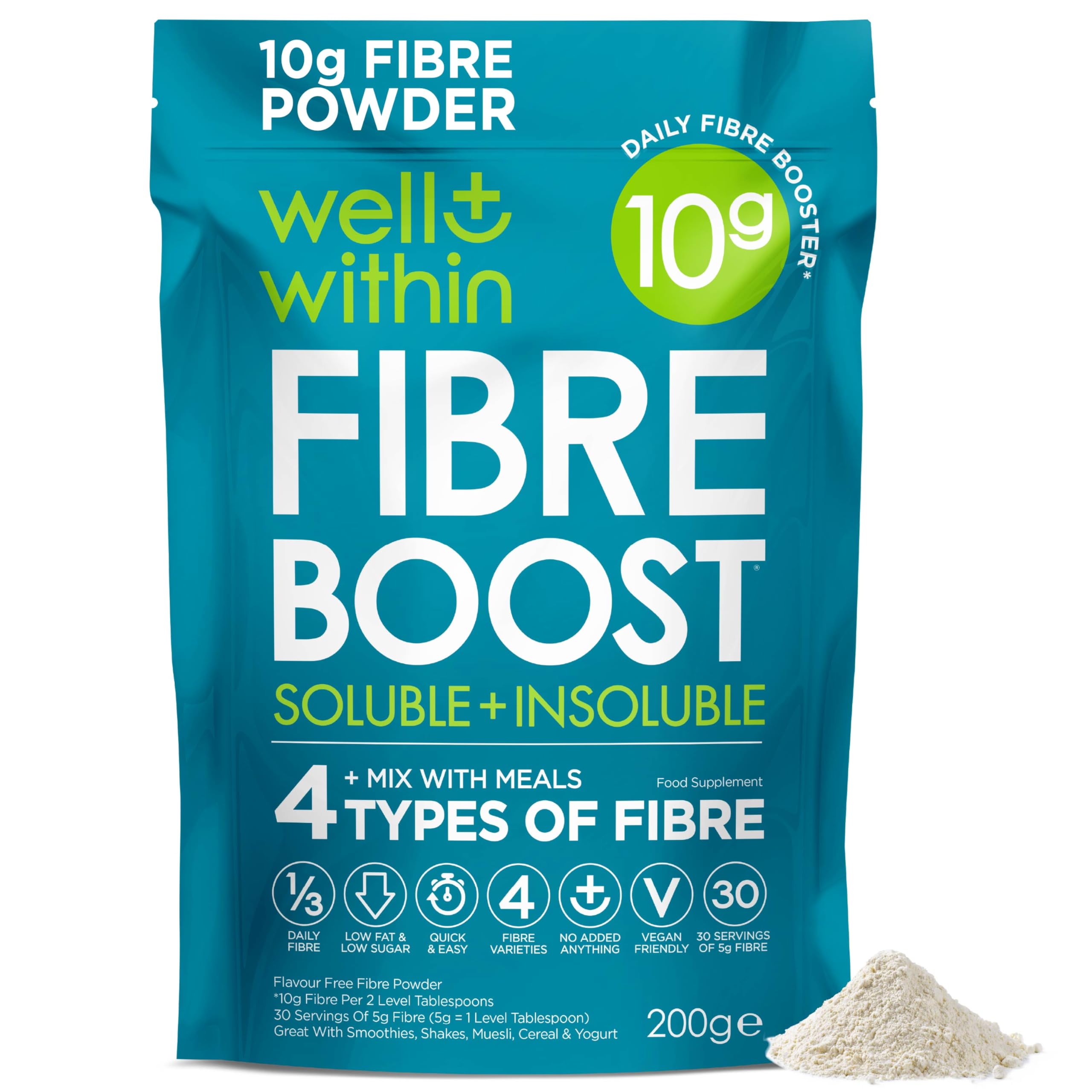 10g Fibre Supplement Prebiotic Powder, 1/3 NHS Daily Intake, 4in1 Insoluble & Soluble Fibre 10,000mg (200g Bag, 30 x 5g Fiber) 4 Types of Fiber. Well Within Gut Health Supplement for Men, Women, Kids