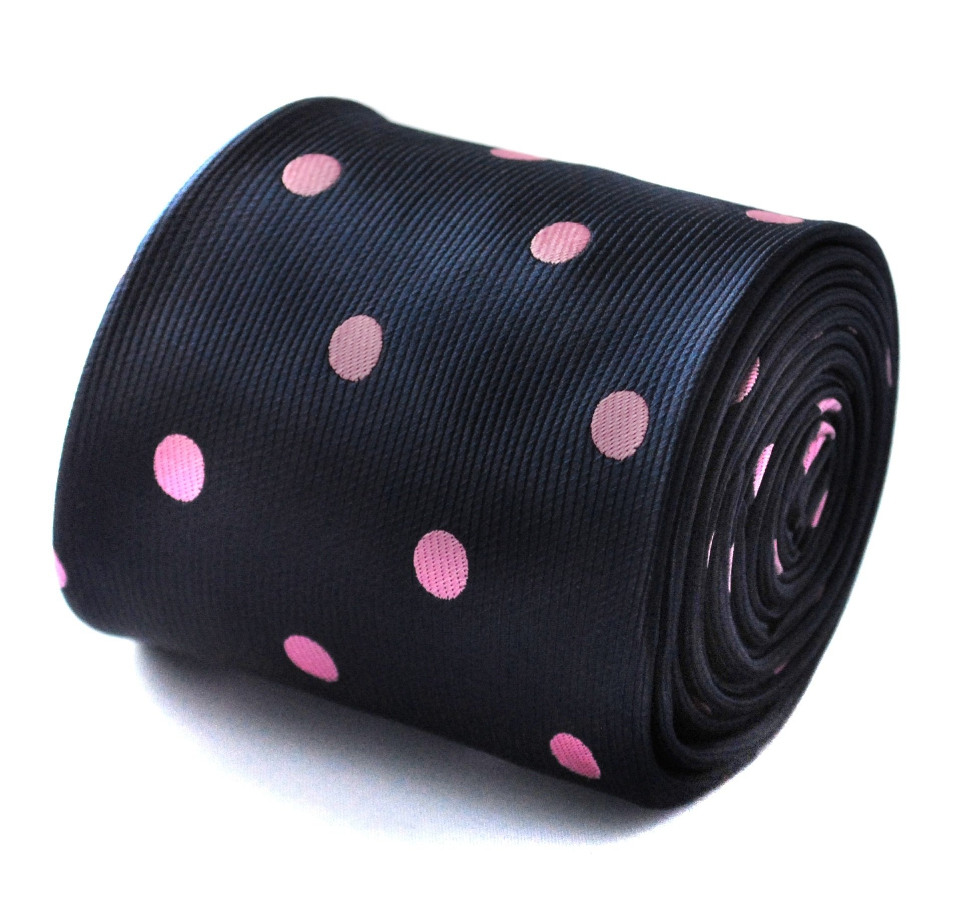 Frederick Thomas navy blue tie with pink spots and signature floral design to rear