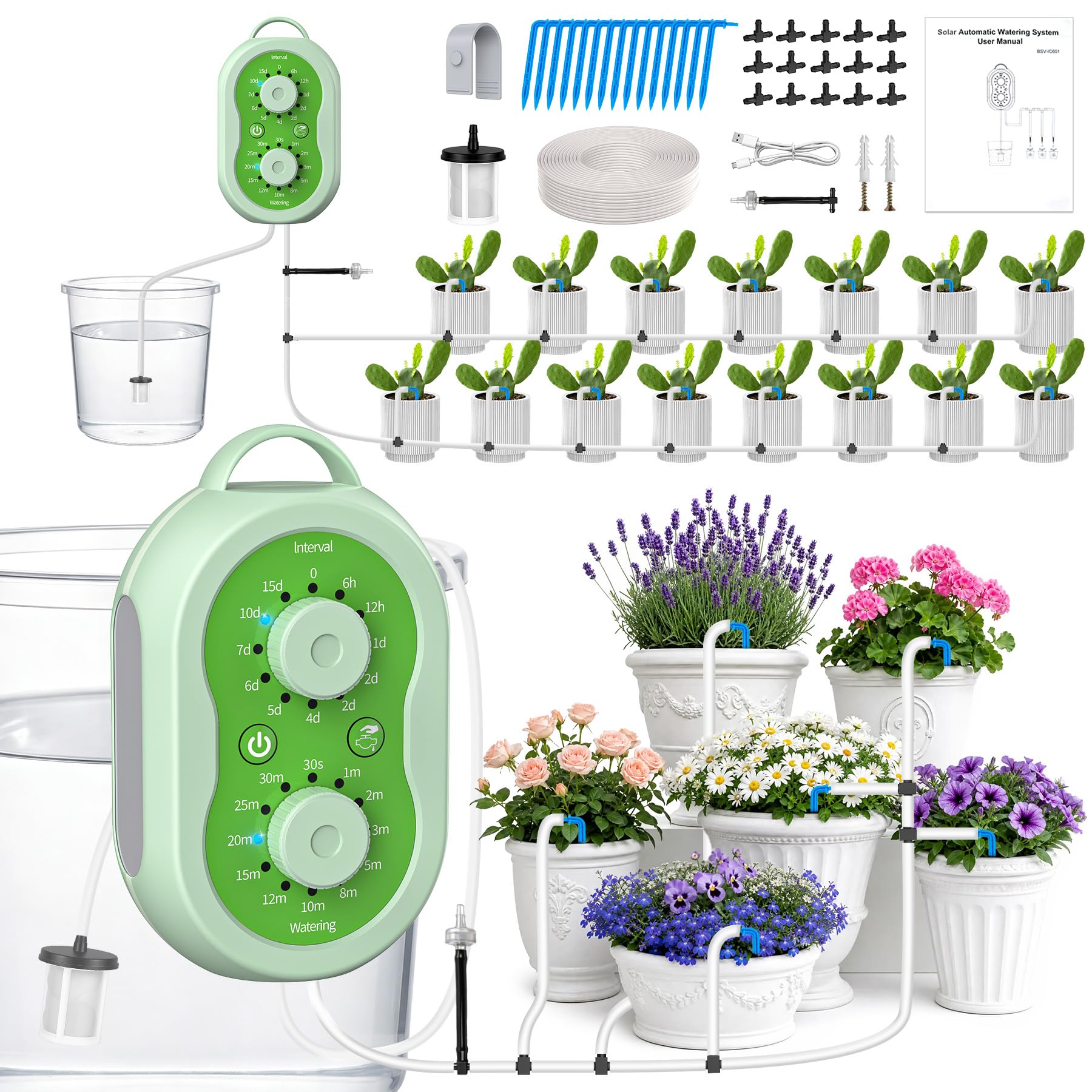 Sistema di irrigazione automatica per interni, con indicatore di stato di carica a LED e doppia manopola per fino a 15 piante in vaso, per balcone, vacanze, serra