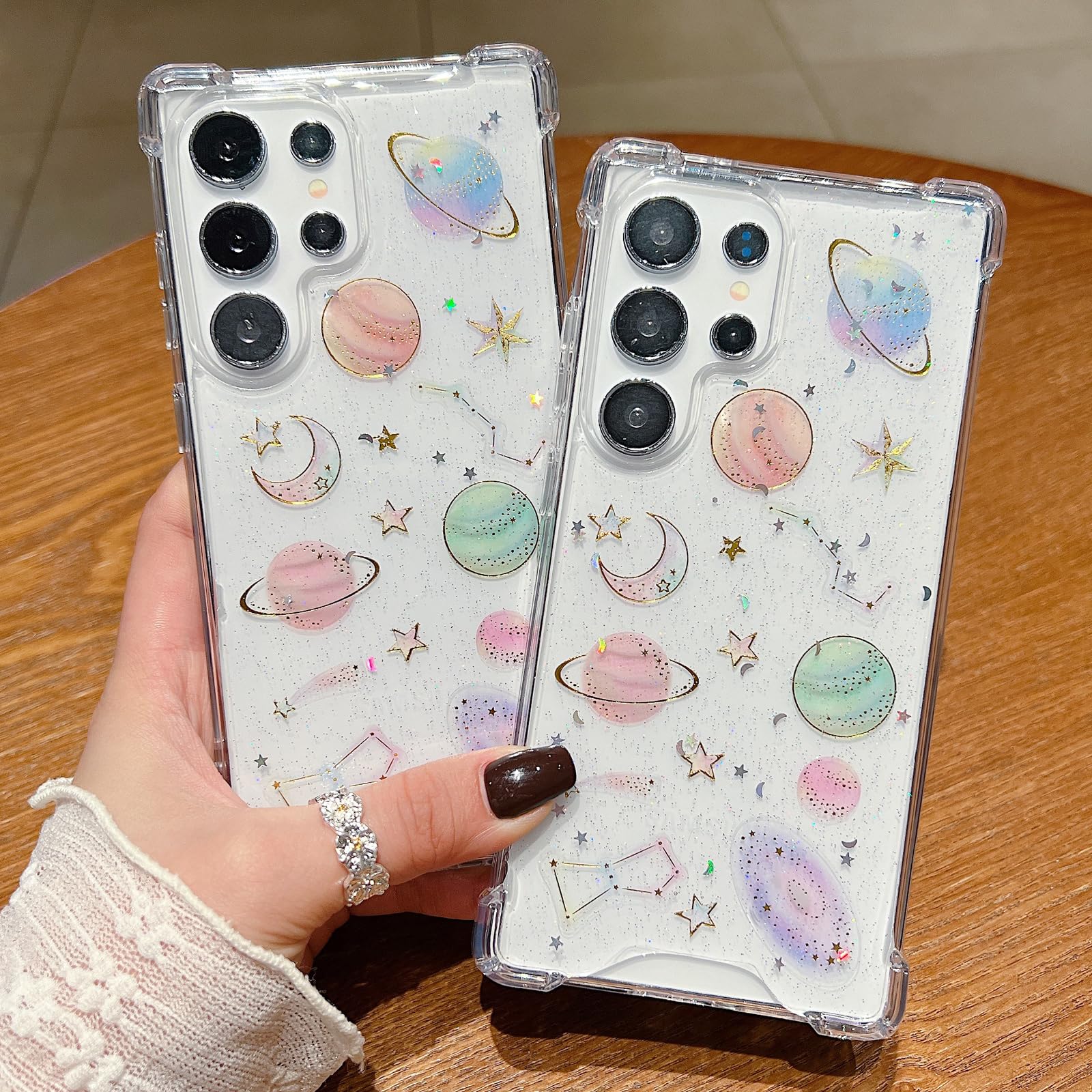 Changjia Funda transparente con purpurina para Samsung Galaxy, diseño de mariposas, planetas, estrellas, luna, universo, poliuretano termoplástico suave, a prueba de golpes, para mujer (transparente,