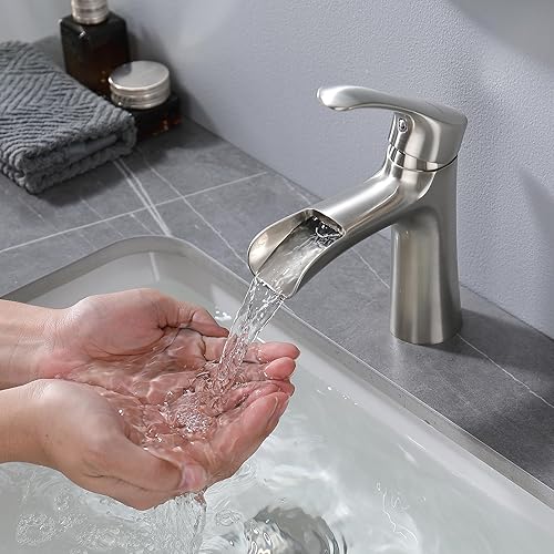 Miniatura 7 de NEWATER Grifo de baño de latón cascada de una sola manija, color dorado cepillado, grifo dorado de un solo orificio para lavabo de baño, grifo de