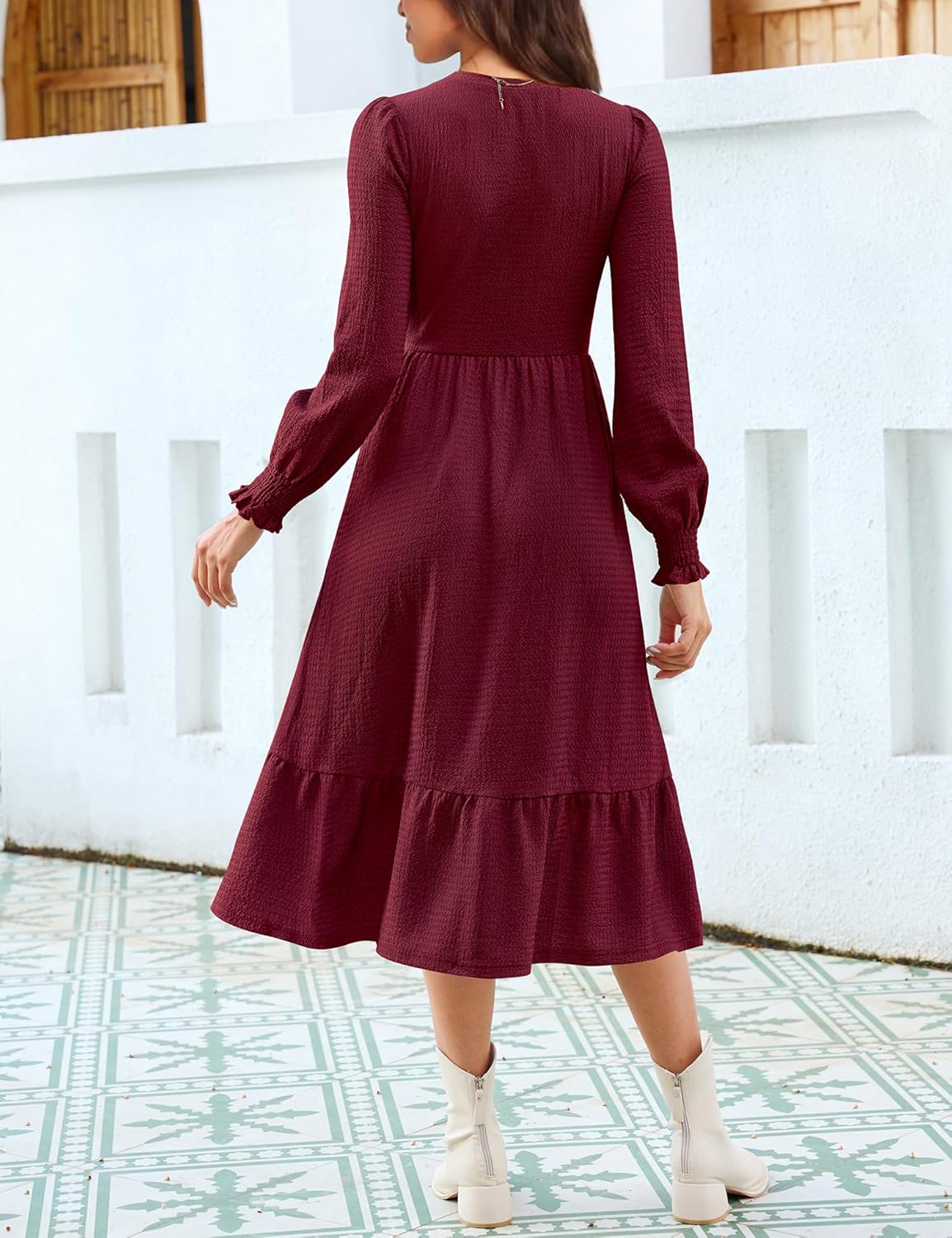 Kranda Women 2025 Fall Spring Long Sleeve Crewneck Causal Flowy Pleated Tiered A-Line Wedding Party Midi Dresses with Pockets - Image 3