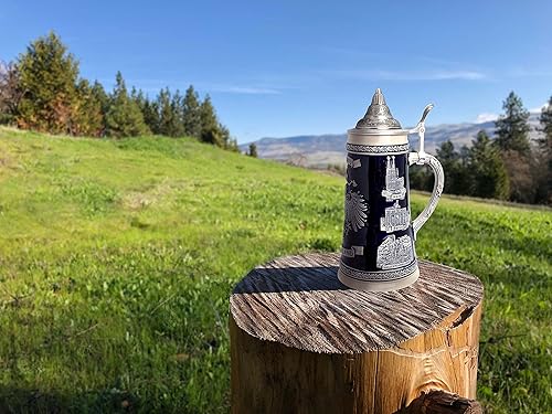 Miniatura 2 de 0.7 Litro  OktoberfestHaus Deutschland Alemán Adler (Eagle) Cerveza Stein Tankard Azul Cobalto Grabado Ciudades de Alemania con tapa Jarra de