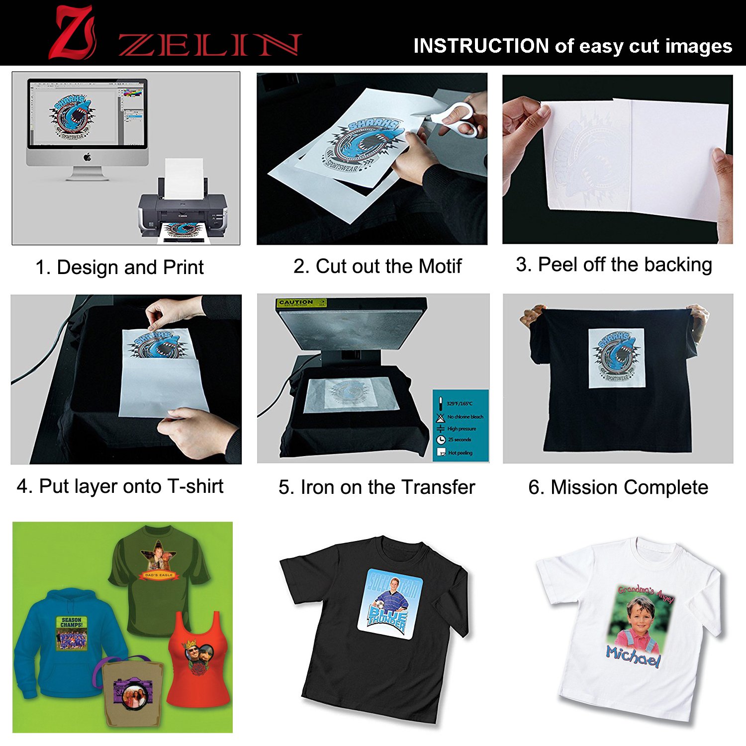 ZELIN Printable IronOn Heat Transfer Vinyl Sheets Inkjet Printers T