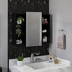 Espelheira Para Banheiro Com Nichos Armário Aéreo Com Espelho Organizador (Preto)