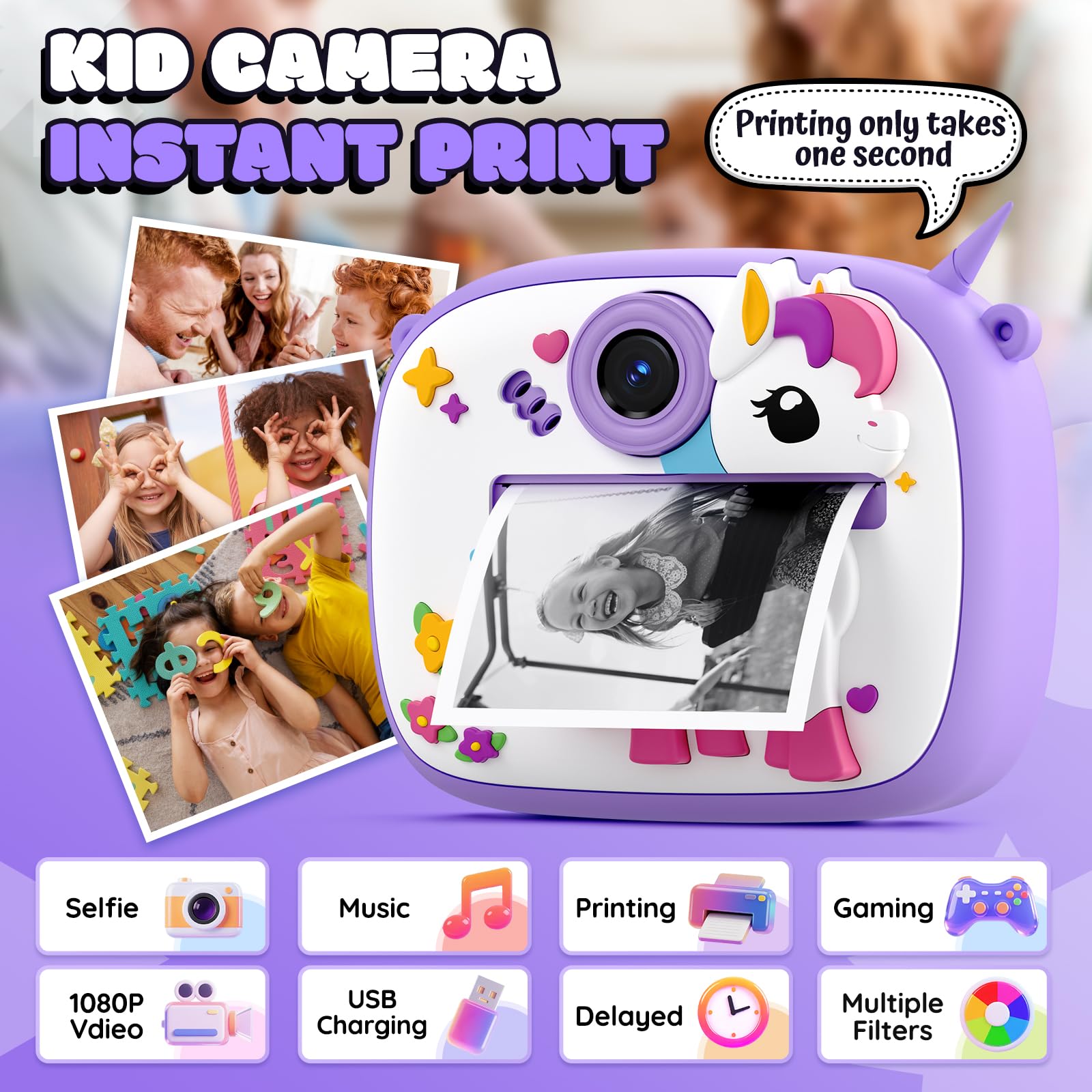 YOZISS Macchina Fotografica Bambini Istantanea, 1080P macchina fotografica istantanea bambini con 3 Rotoli di Carta da Stampa, Regalo per Bambini dai 3 a 14(Pony Viola)