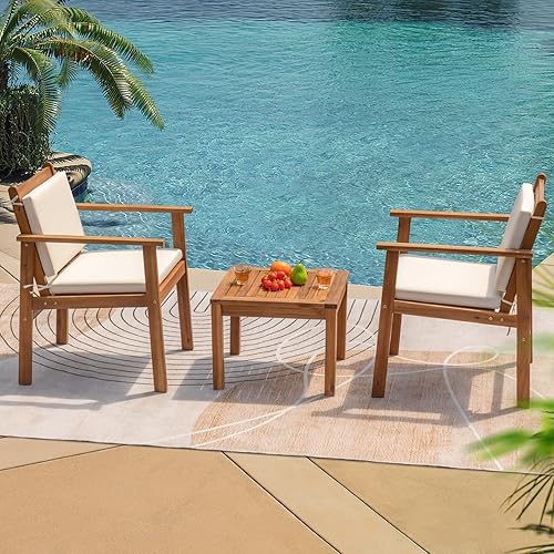 Miniatura 4 de Greesum Juego de 3 sillas de chat para exteriores con cojines resistentes al agua y mesa auxiliar para playa, patio trasero, jardín, color blanco