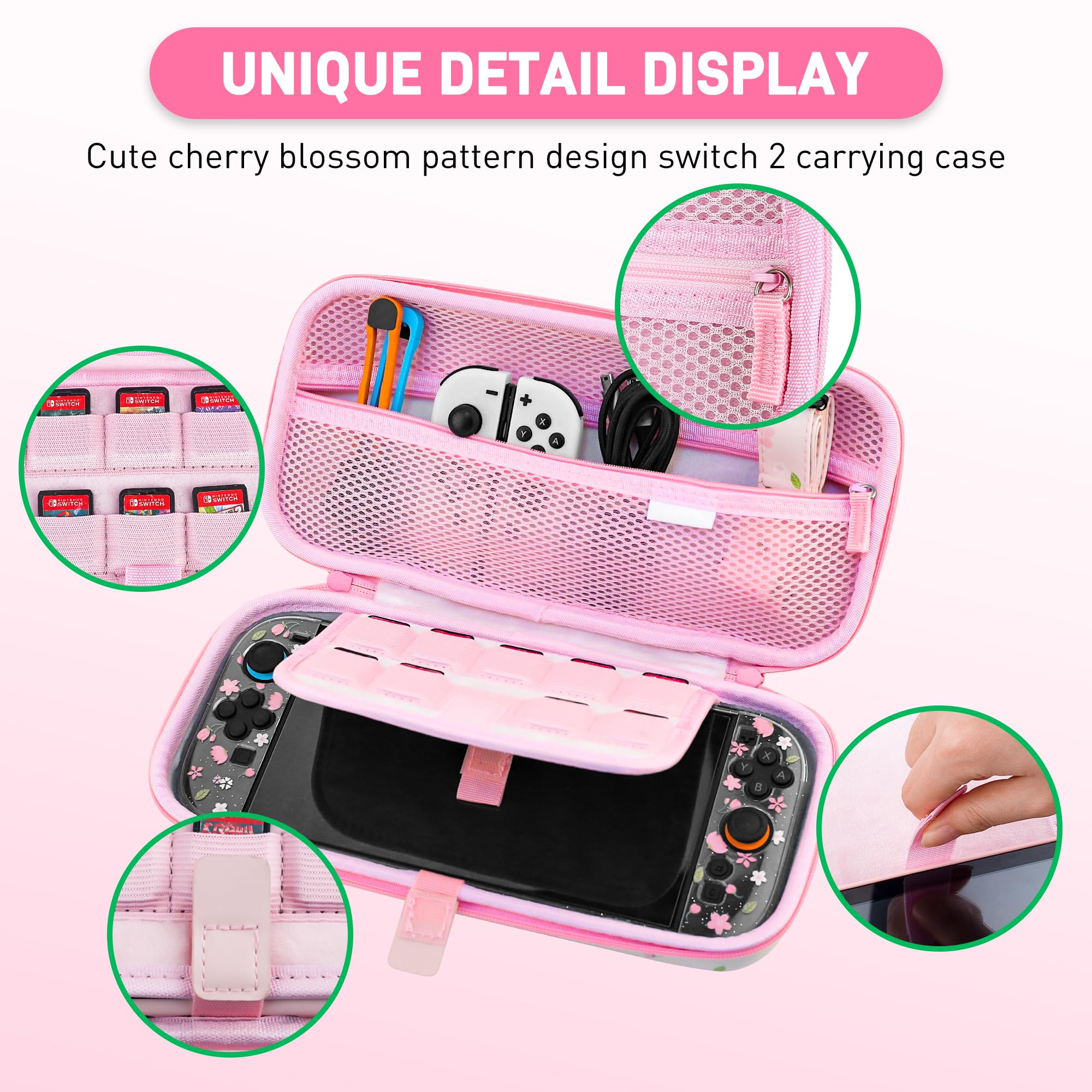 Custodia da trasporto Sakura rosa compatibile con Nintendo Switch 2 2025, con cover protettiva rigida Switch 2, pellicola protettiva per schermo HD, tracolla e 2 tappi per pollice, ragazza