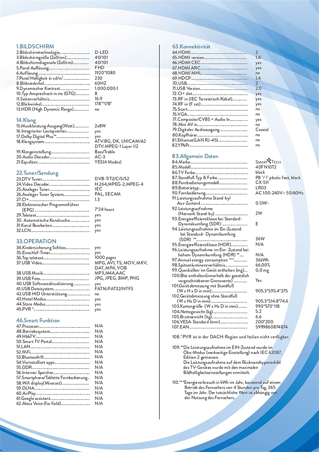 40FN10T2 TV 40 Pollici Full HD Televisore DLED DVB-T2 Classe E USB HDMI