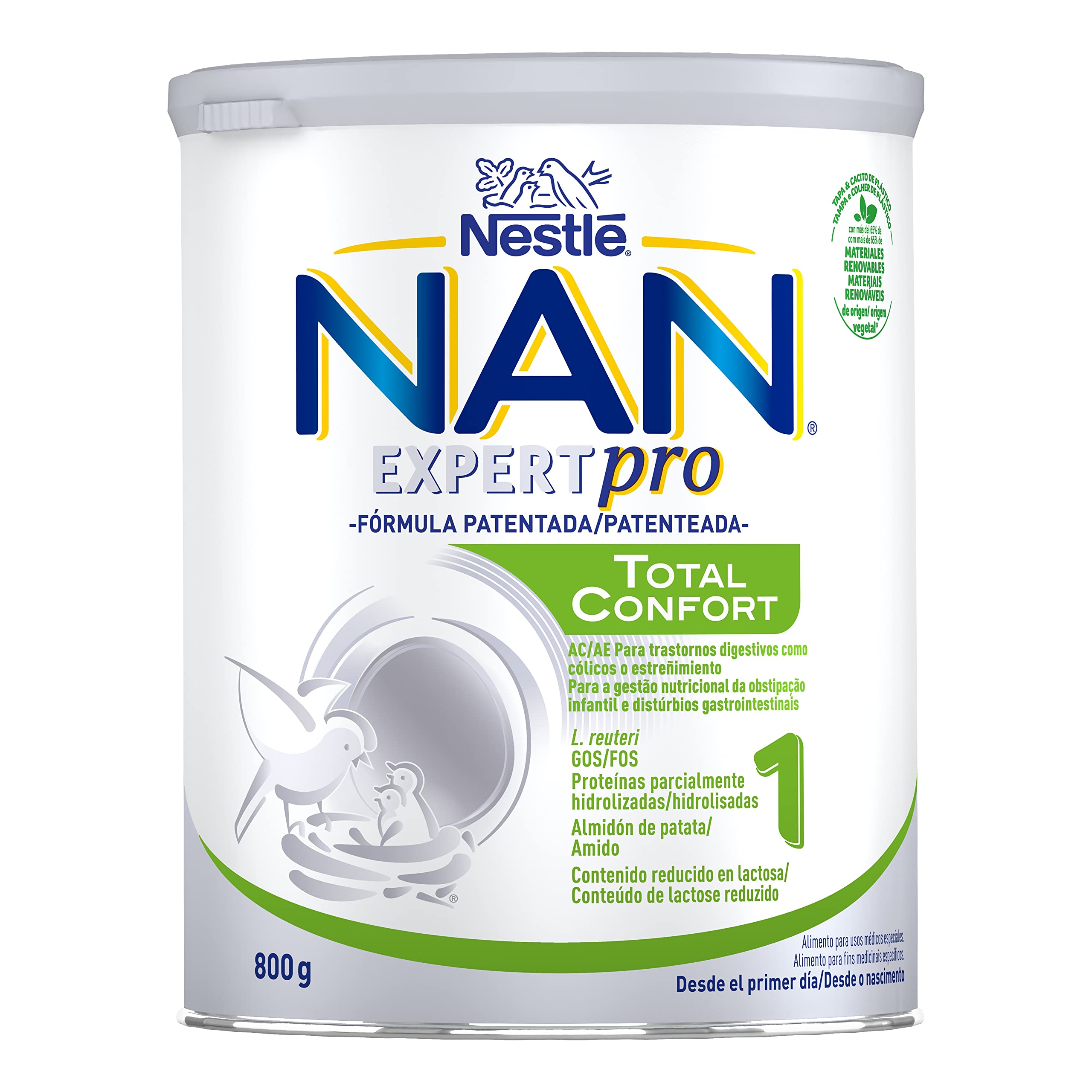 Nestlé NAN TOTAL CONFORT 1 - Leche especial para bebés con trastornos digestivos leves tales como cólicos o estreñimientos - bote de 800g (Paquete de 2)