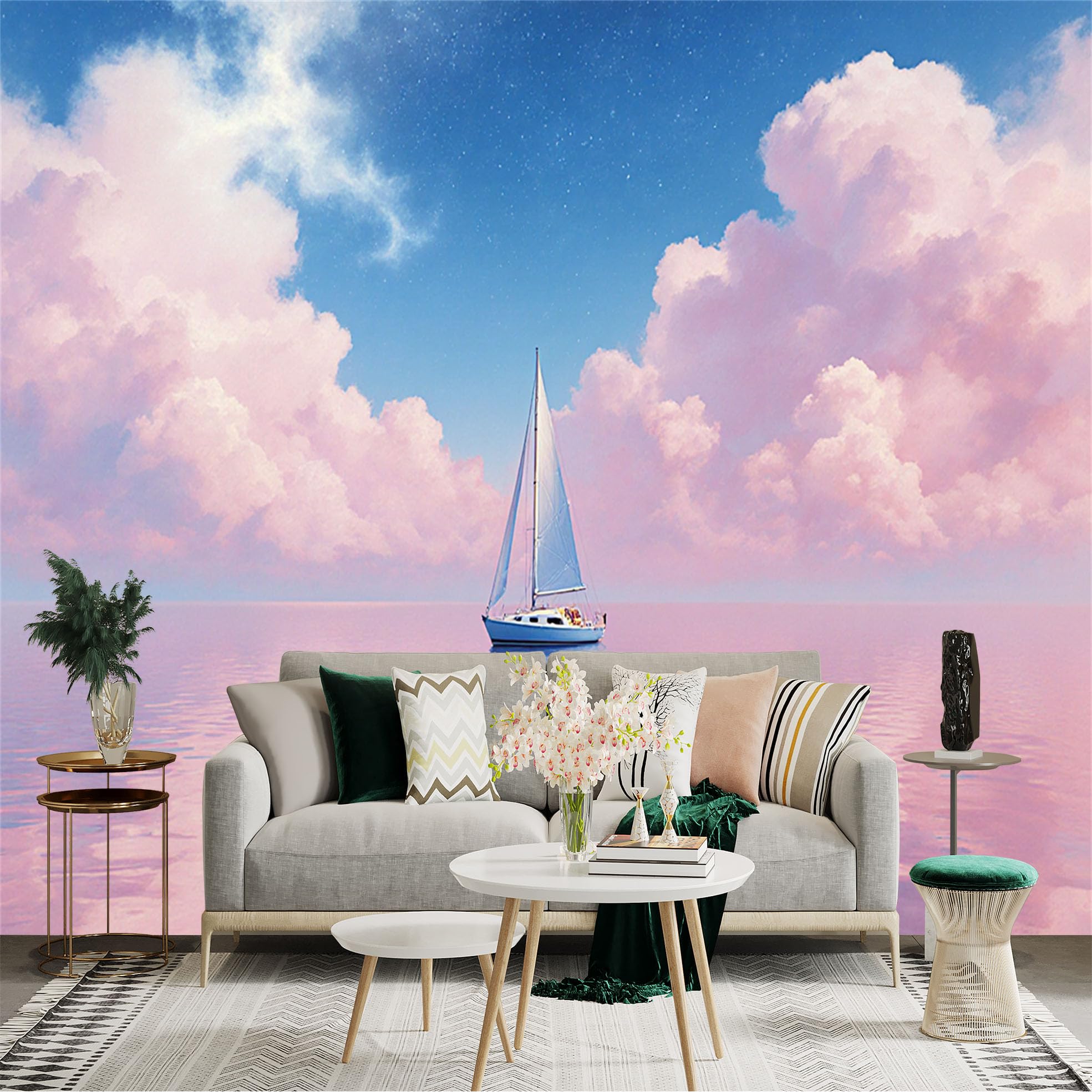 Lnzczhyre Xc260505377 Custom Size Wall Sticker Mural， Sailboat On Calm Ocean， Pink Clouds At Sunset， Dreamy Seascape， Serene Horizon， For Wall Decoration， Peelandstick Wall Decals.