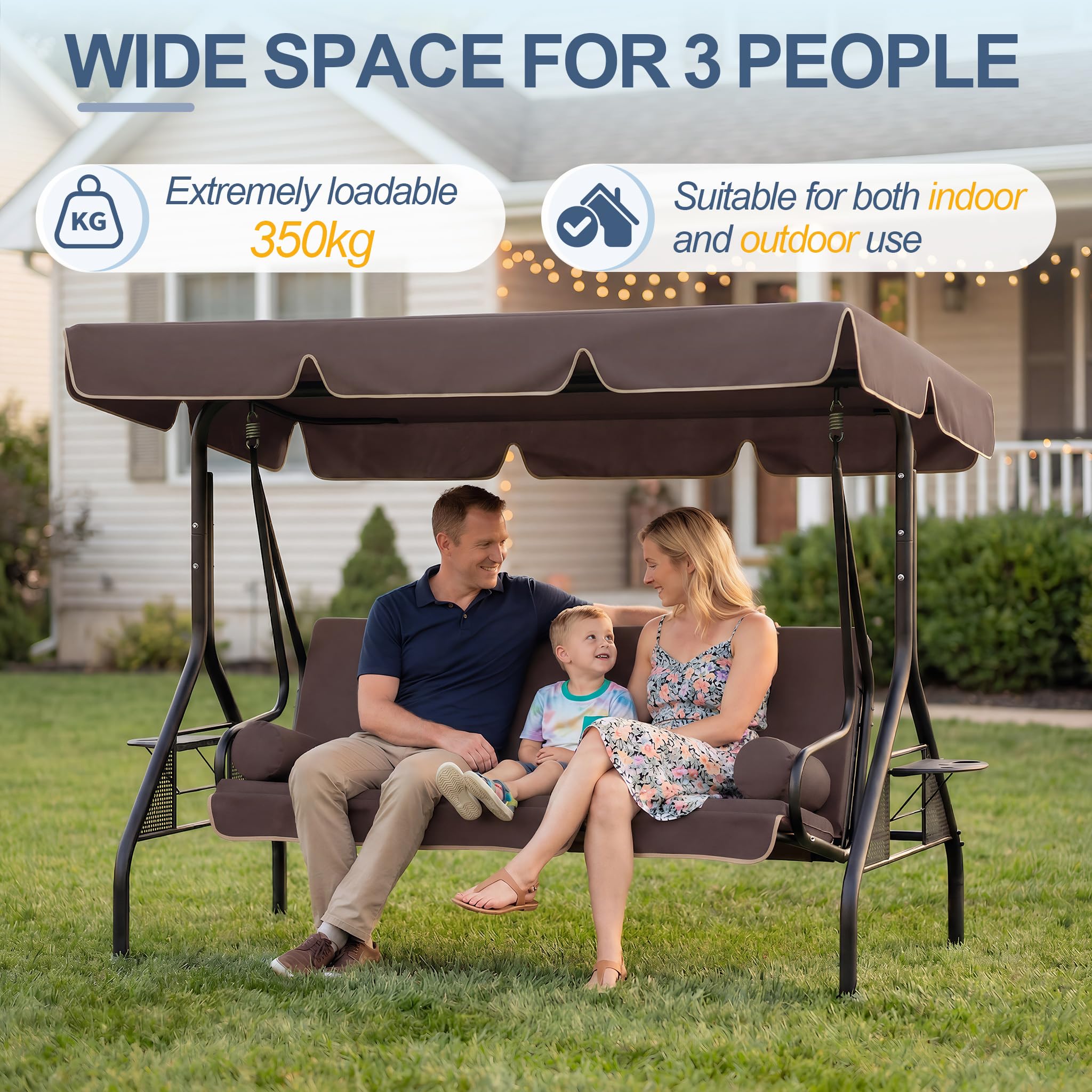 UISEBRT 3-Sitzer Hollywoodschaukel mit Liegefunktion,Gartenschaukel mit Verstellbare Sonnendach,2 Kissen, 2 Tabletts,Outdoor Schaukelbank bis 350kg belastbar für Garten, Pool, Terrasse,Braun