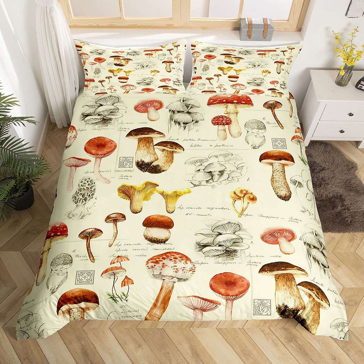 Kids Mushroom Duvet Cover Double,Watercolor Sketch Tropical Botanical Bedding Set Retro Red Mushrooms Comforter Cover For Boys Girls Teens Farmhouse Plant Bedspread Cover With 2 Pillow Cases