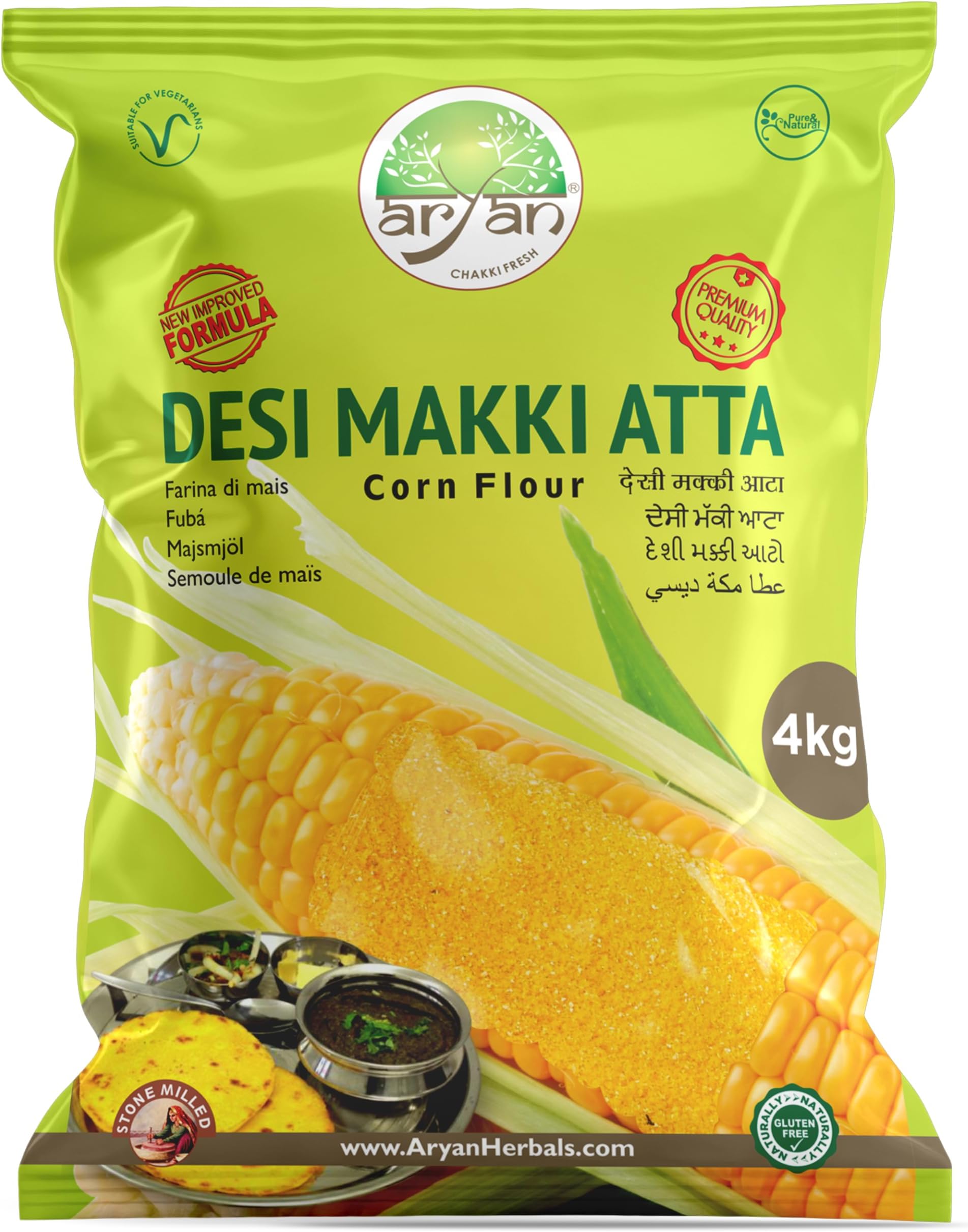 Aryan Makki Atta 4kg- CornMeal is Rich in Natural Minerals and Vitamins – Stone-Milled in Traditional Style – Suitable for Vegetarians and Vegans