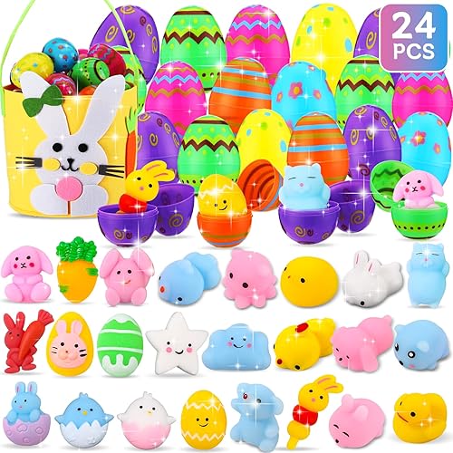 28Pcs Mochi Squishy Toys Filled Easter Eggs, Kawaii Stress Reliever Squishies Toys for Kids Easter Eggs Hunt, Easter Basket Stuffers Fillers, Easter
