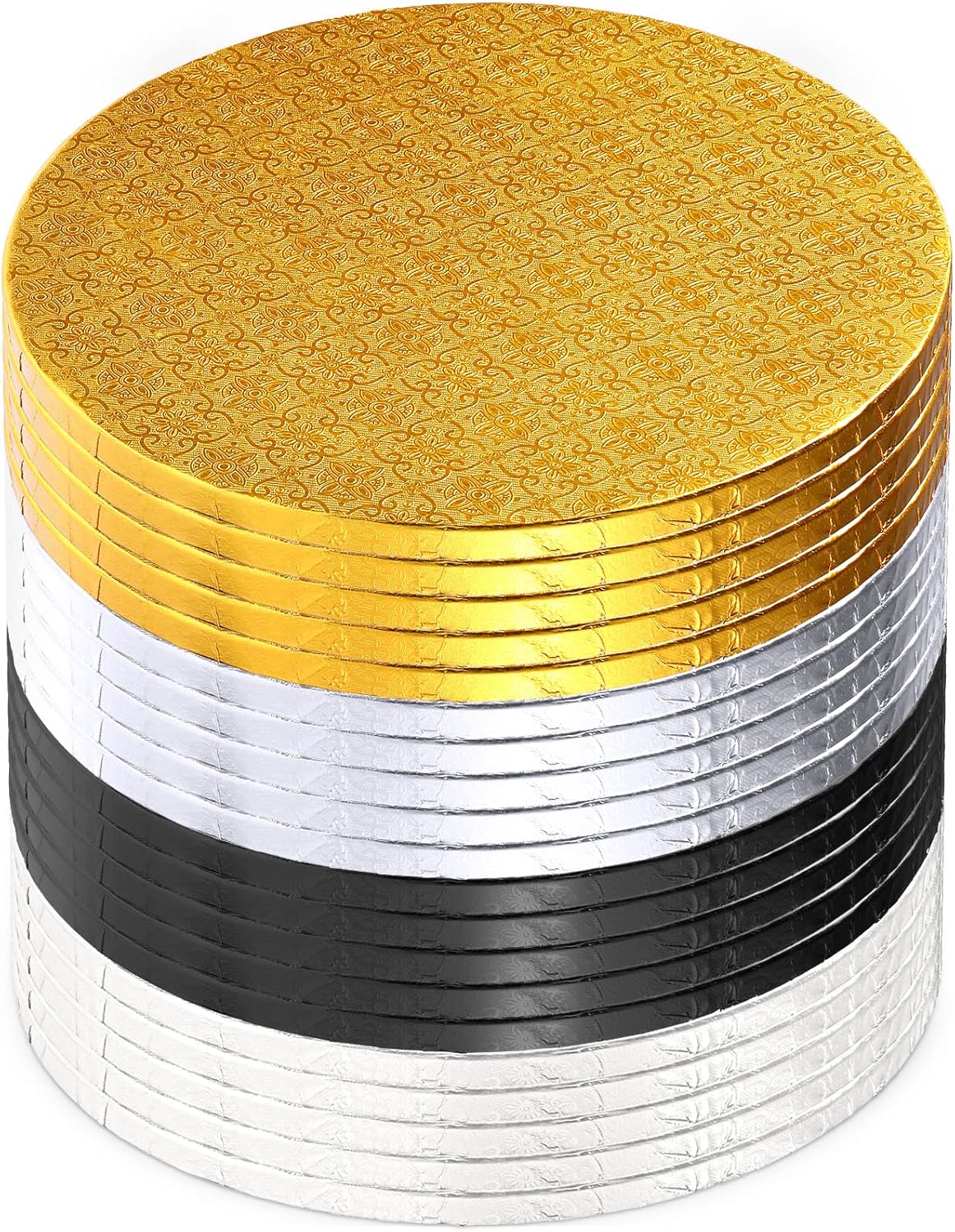 zopeal 20 pcs 10 inch cake drums, 1/2 inch thick round cake stands with smooth edge for wedding,sturdy baking dessert board for birthday party, baby shower,bridal shower,black, silver, gold,white