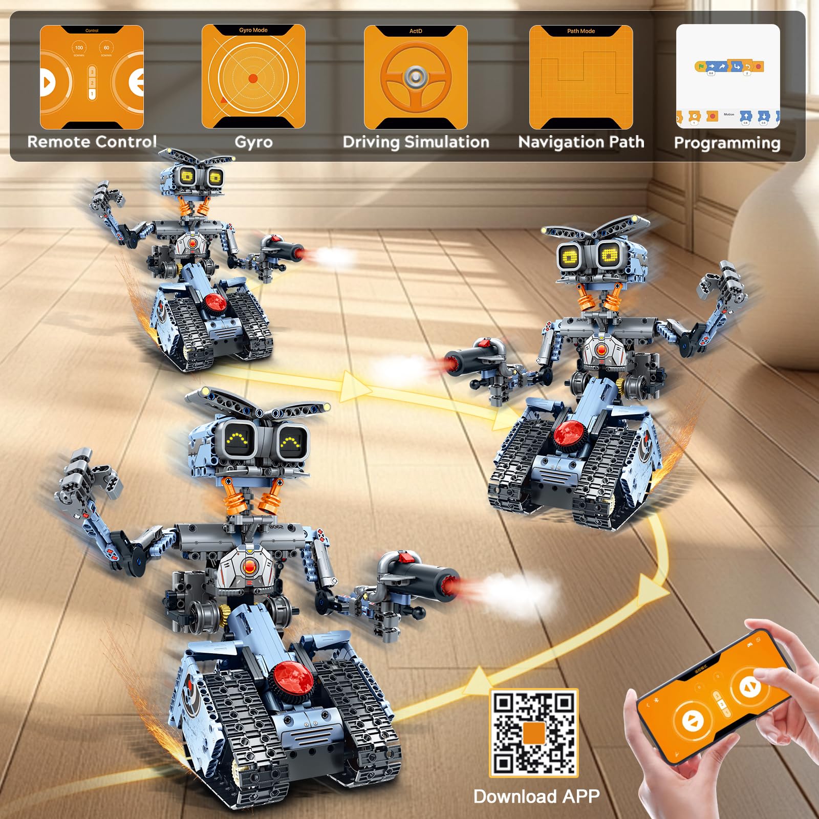 HiWEEGO Technik Roboter Bausatz für Kinder mit LED Augen, 5-in-1 App Fernbedienung Roboticset Baustein RC Bulldozer/Panzer/Engineering Spielzeug Geschenk für Jungen Mädchen Teens 8+ Jahre (699 Stück)