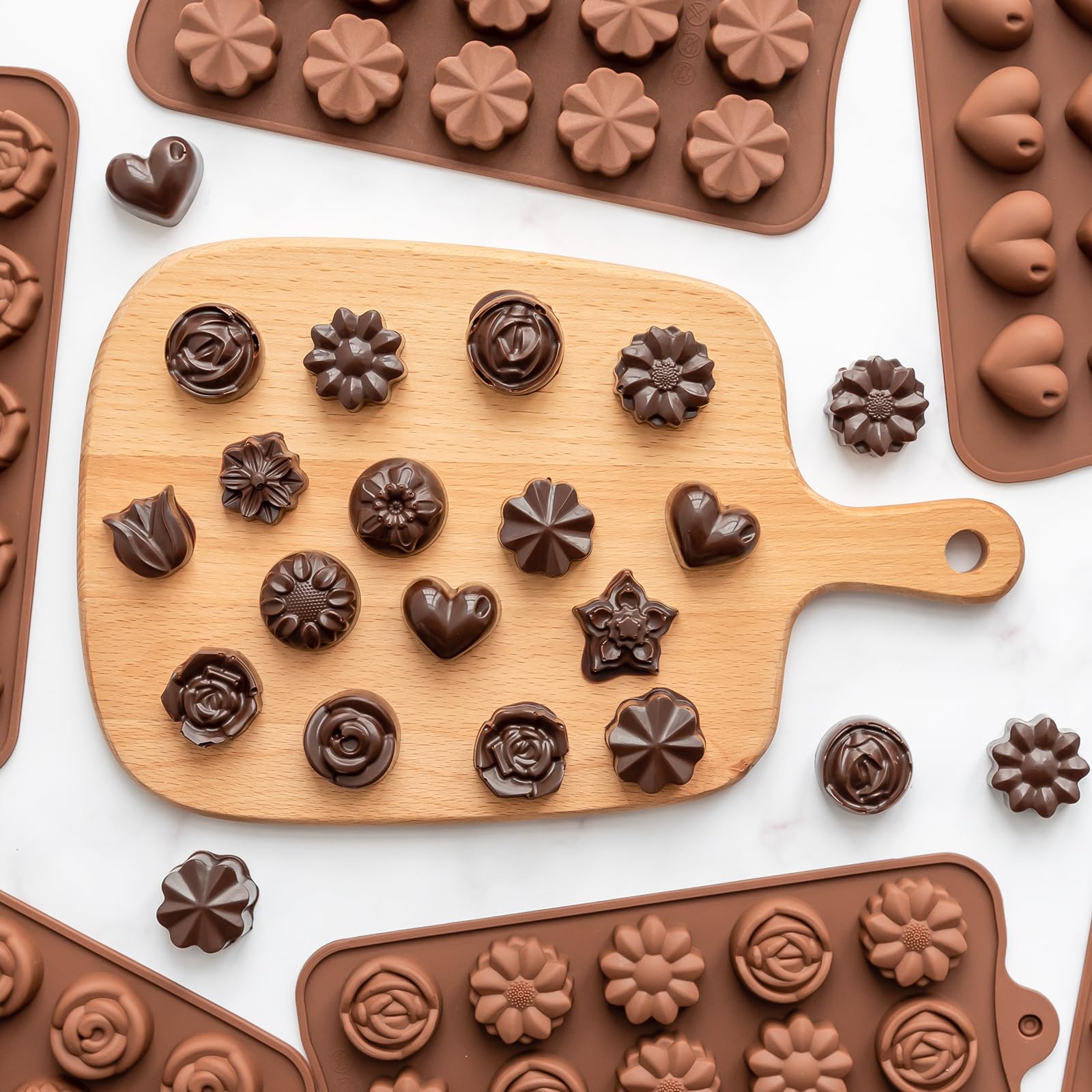 Paquete de 6 moldes de chocolate con flores y corazones, silicona, sin BPA, moldes multiusos, 90 cavidades, antiadherentes, fáciles de usar