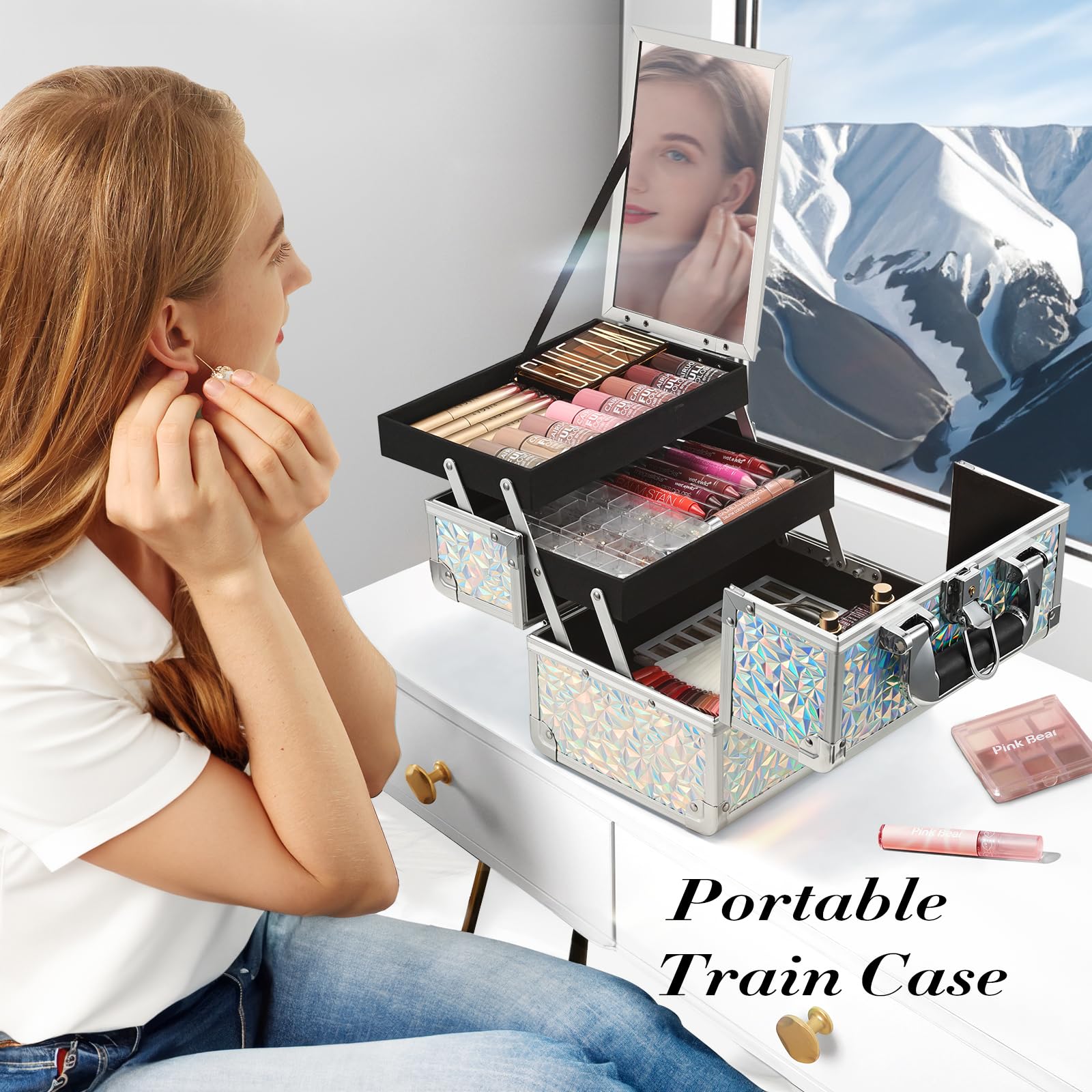 Joligrace Vanity Case - Scatola per trucchi e cosmetici, organizer per trucchi e gioielli, con specchio, chiudibile a chiave, Argento brillante, argento