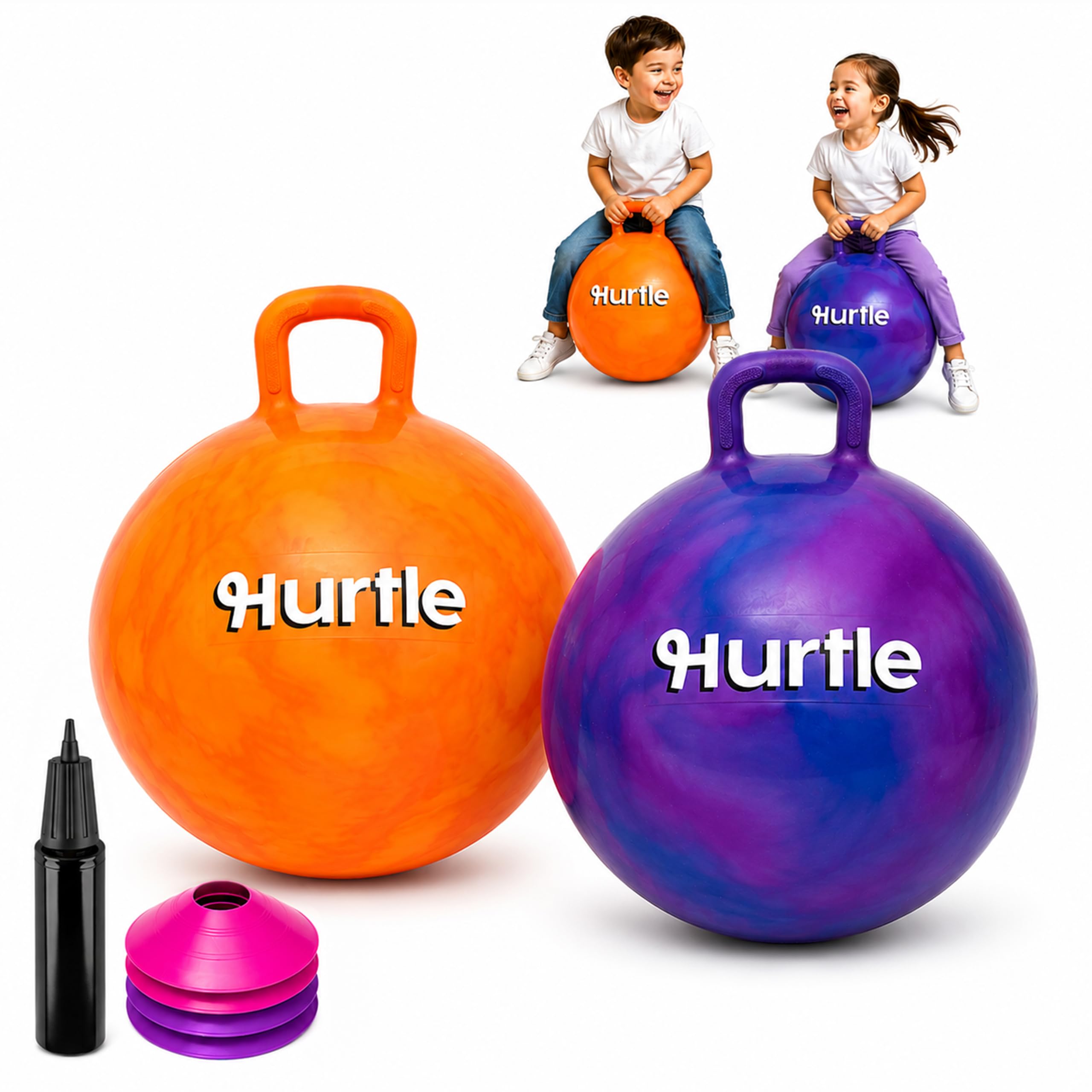 Hurtle Space Hopper 20 Inch Hopper Ball 2 Pack with Sturdy Handles, Pump and Cones for Balance, Coordination and Active Indoor Outdoor Play, Purple & Pink