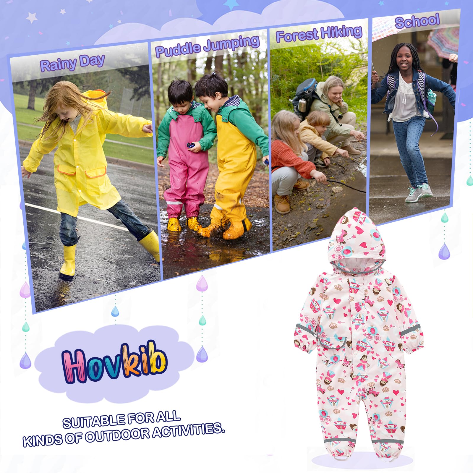 Combinaison de pluie Enfants Garçons Filles Imperméable á Capuche Pantalon Poncho de pluie Réutilisable Vetement Manteau de Pluie 1-10 Ans
