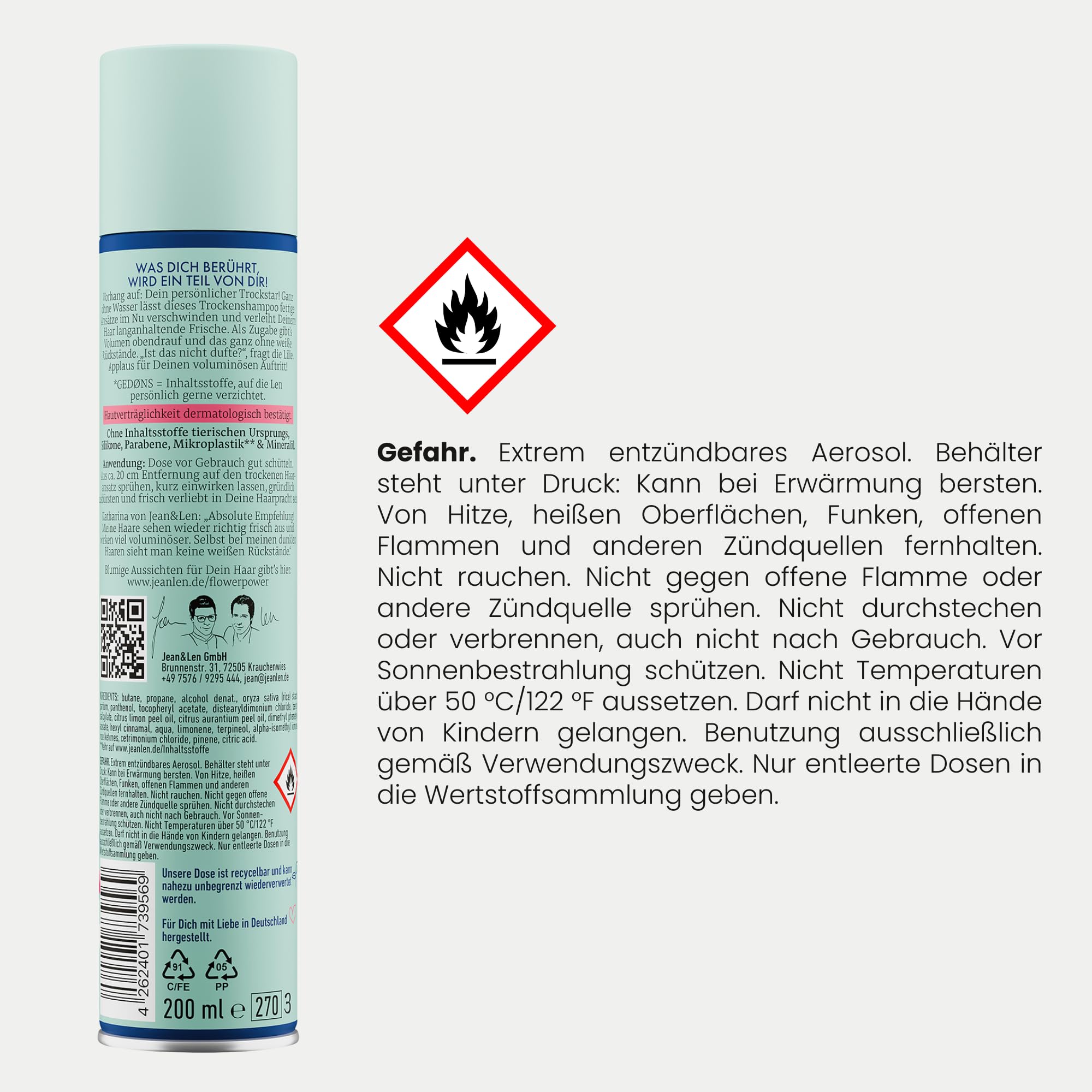 Jean & Len champú en seco frescor y volumen, sin raíces grasas, sin restos blancos, aroma floral y fresco a lirio, para cabello fino sin volumen, sin parabenos ni siliconas, vegano, 200 ml