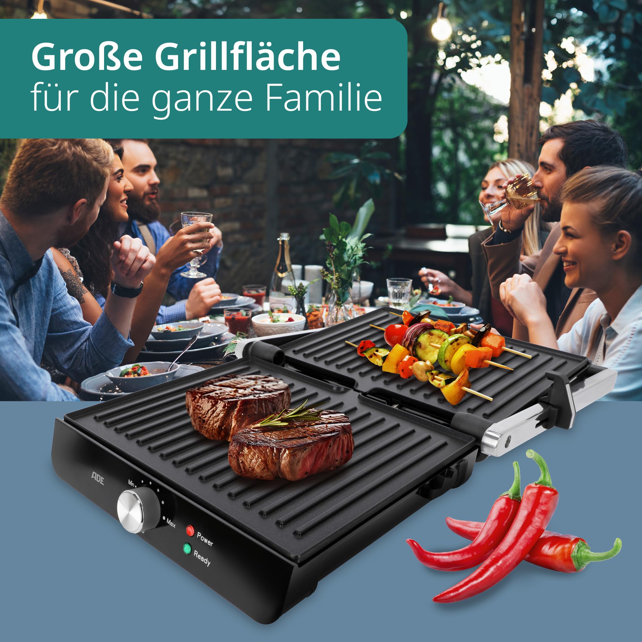 ADE Kontaktgrill 2.000 Watt Elektrogrill 3 in 1 Tischgrill 180° aufklappbar Plattengriller Sandwichtoaster