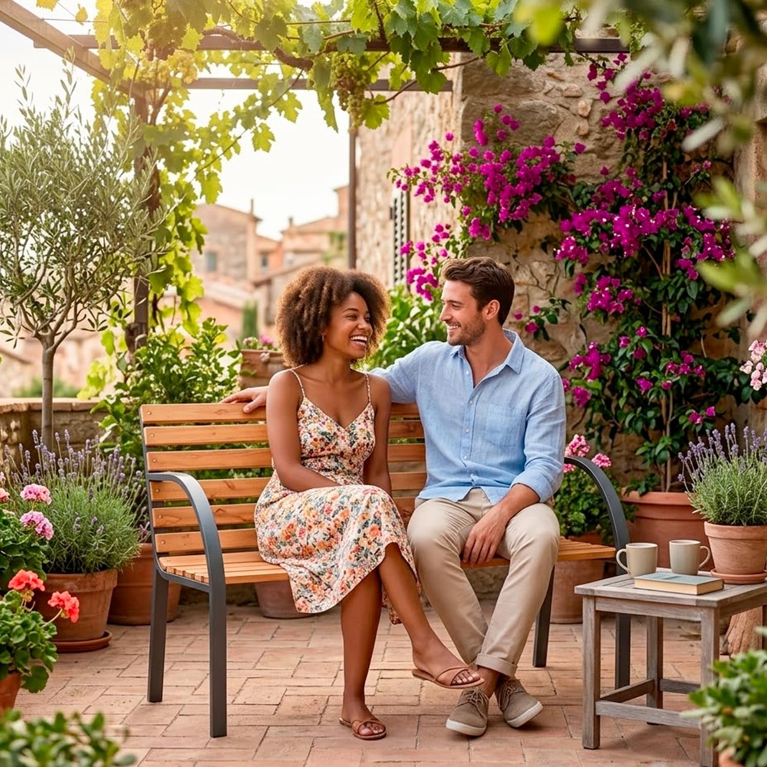 Monrovia Panchina da Giardino 2 Posti in Legno di Abete e Acciaio Verniciato Panca da Esterno Design Moderno Resistente con Braccioli Comoda per Terrazzo Balcone e Giardino 119.5 x 62 x 83 cm