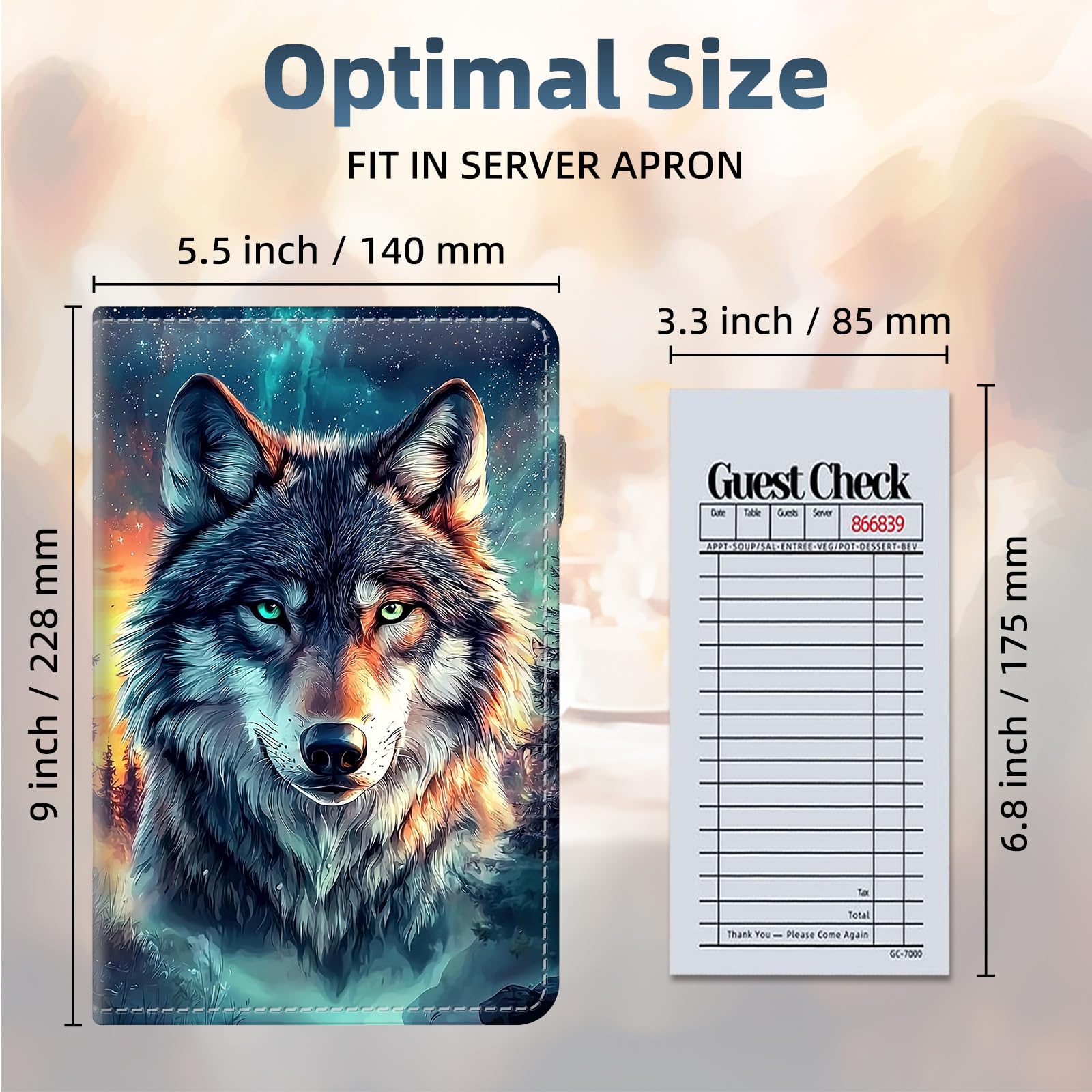 FQSXFIFN Leather Server Book for Waitress, Cute Server Book with Zipper Money Pocket,Check Presenters Waitstaff Organizer Fit Server Apron, Wolf Aurora Serving Books, Black Waiter Books for Servers