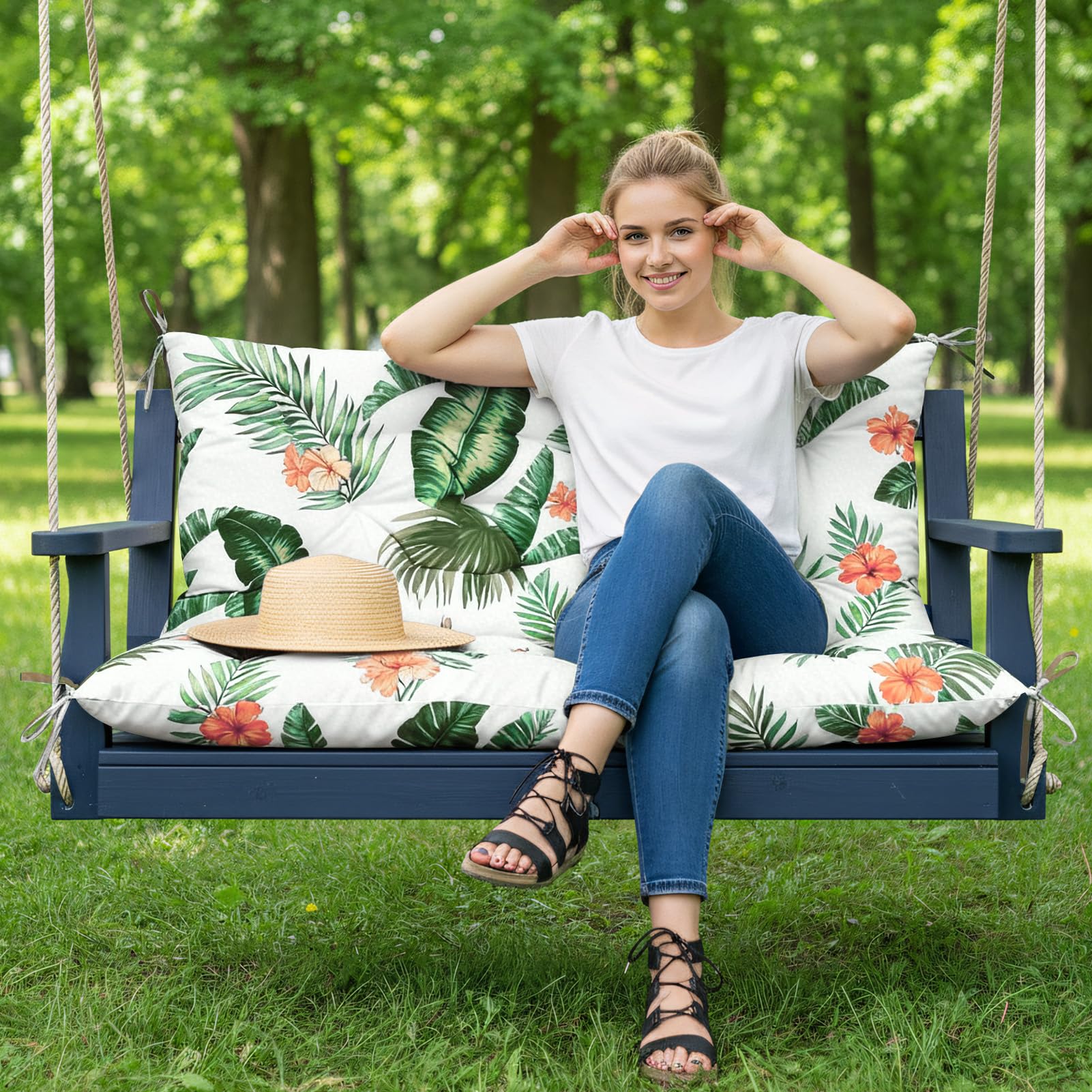 Waterproof Swing Seat Cushions: 2/3/4 Seater Thick Patio Bench with Anti Slip Stripor Garden Furniture Pad for Stylish Garden Decoration (Hawaiian, 150x100cm)